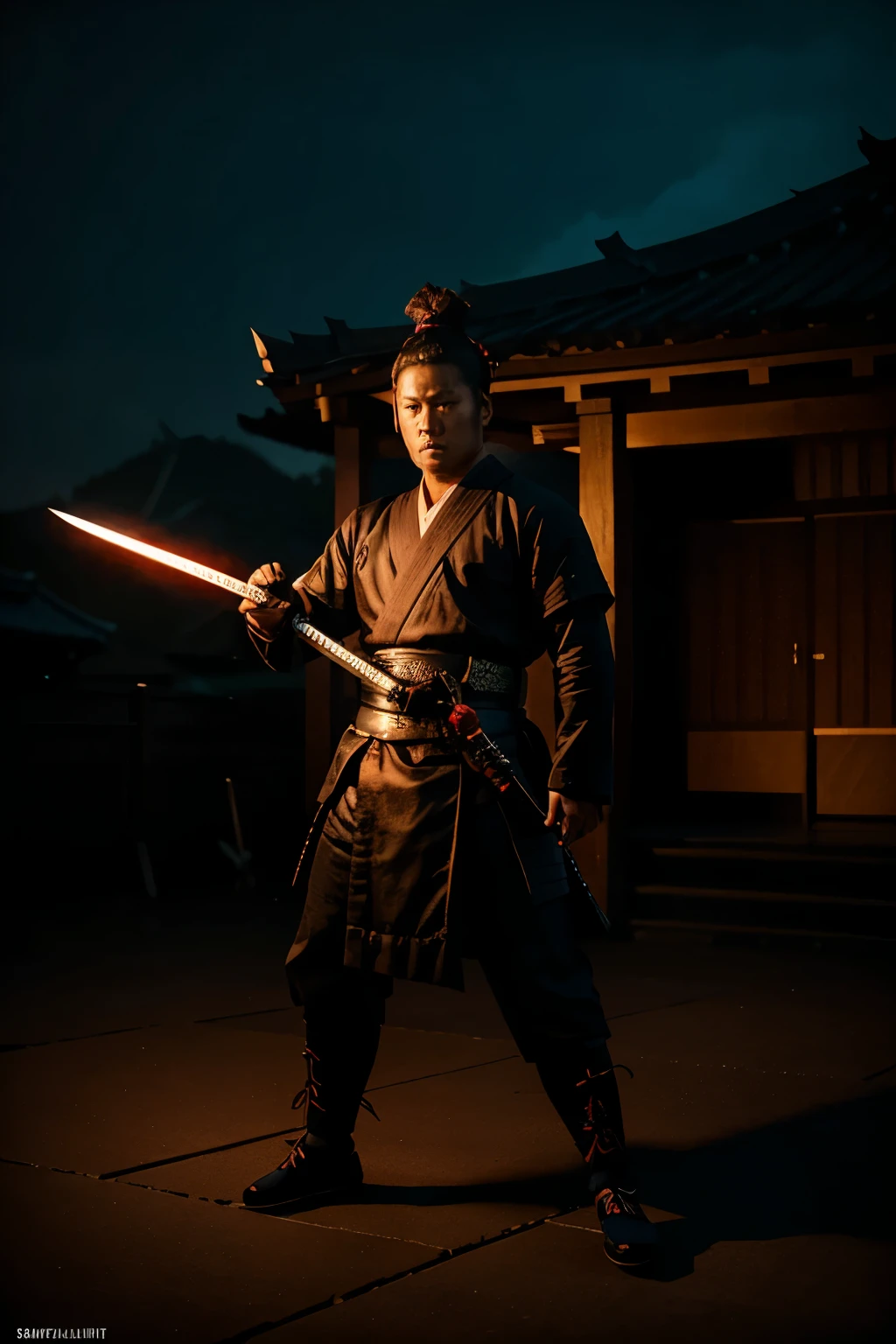 The samurai are ready to fight,neonlight,dark fantasy vibe,eventide,8k,cinmatic lighting,With a katana,pylons,rios,Fully armed, A3 size