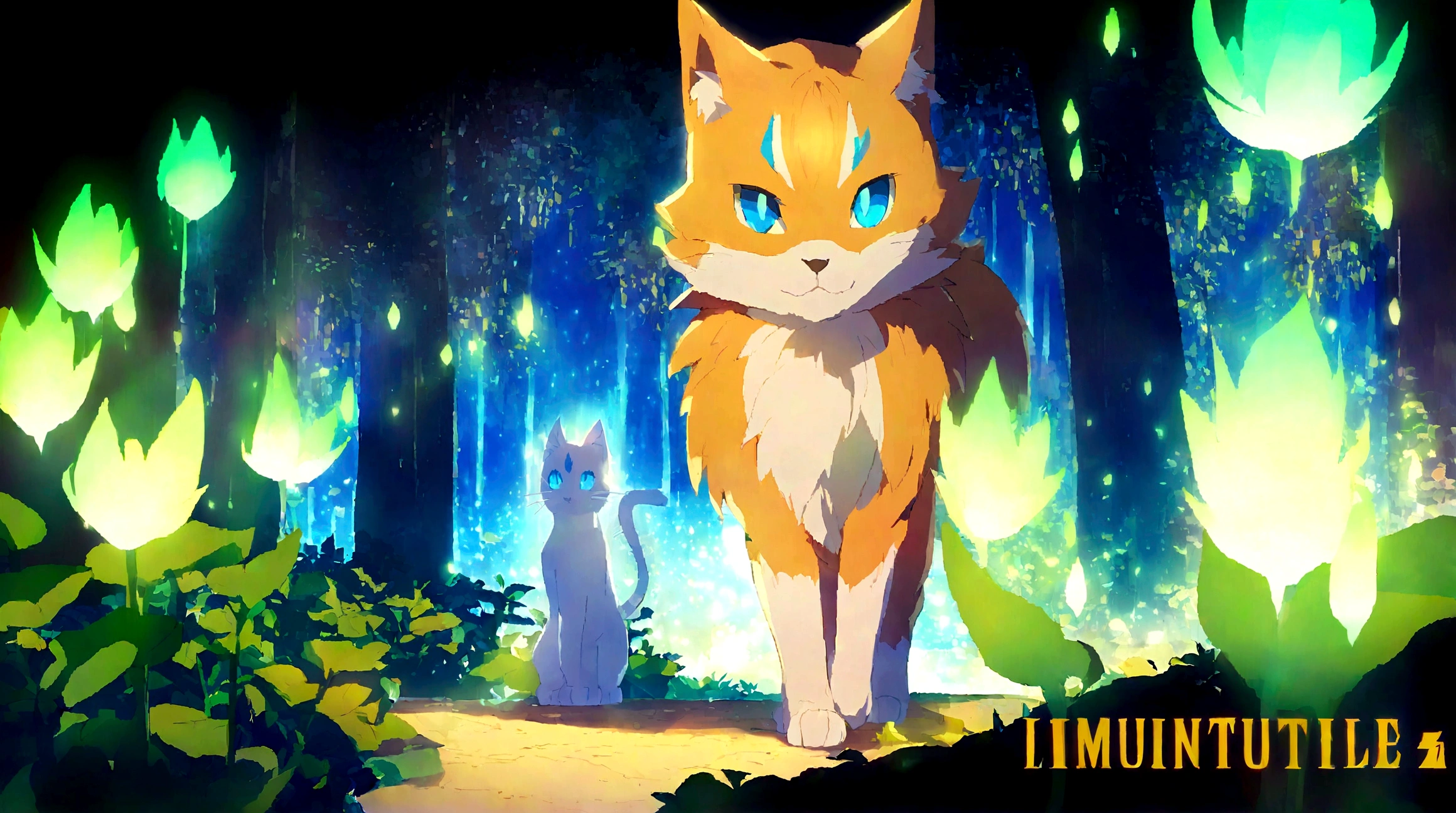 A whirlwind of magical golden breeze surrounds a small lagoon illuminated with water lilies, located in the patio of a house under the light of the moon. On the edge of the lagoon, there is a male cat with golden fur, with a transparent ghostly appearance and greenish-yellow eyes. The style is 2D anime fantasy with a glow effect.