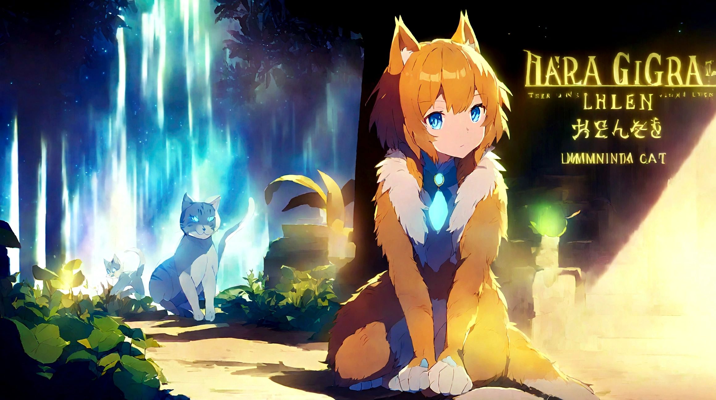 A whirlwind of magical golden breeze surrounds a small lagoon illuminated with water lilies, located in the patio of a house under the light of the moon. On the edge of the lagoon, there is a male cat with golden fur, with a transparent ghostly appearance and greenish-yellow eyes. The style is 2D anime fantasy with a glow effect.