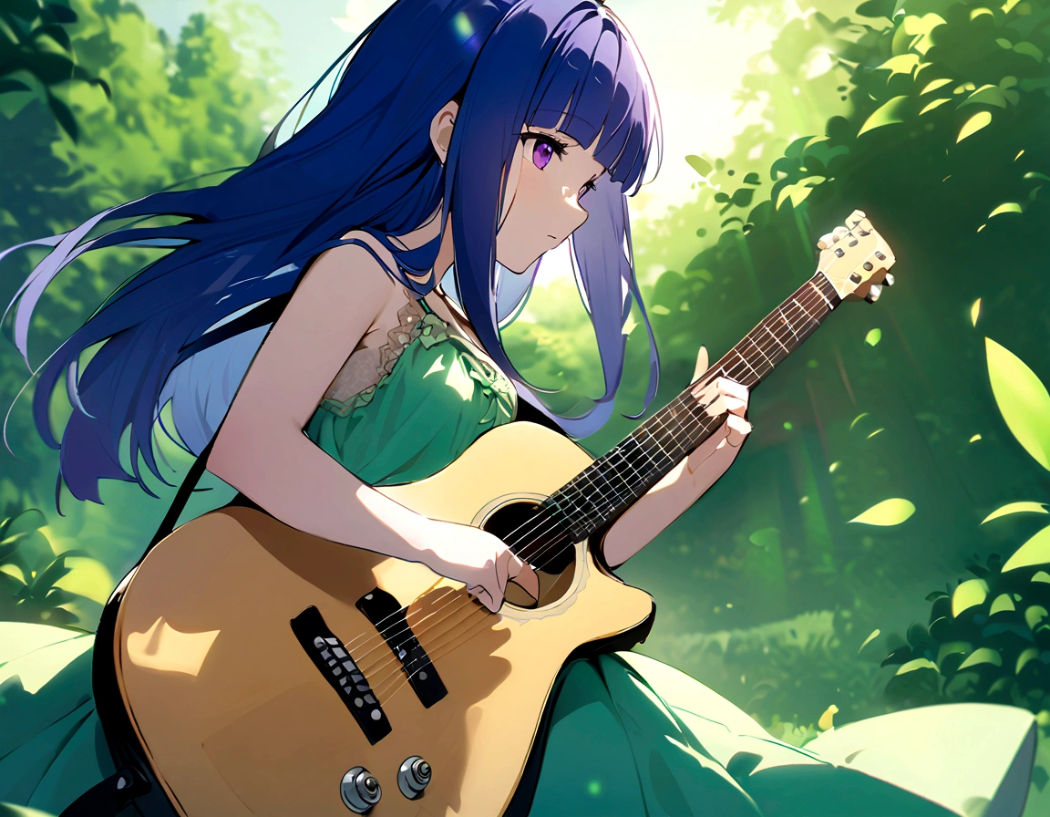 Guitarist playing guitar in natural scenery。Green background and clear々In the fresh air、Guitarists are one with nature。 One Girl, alone, furude rika, Blue Hair, Purple eyes, Long Hair, blunt bangs, bangs, alone, green dress