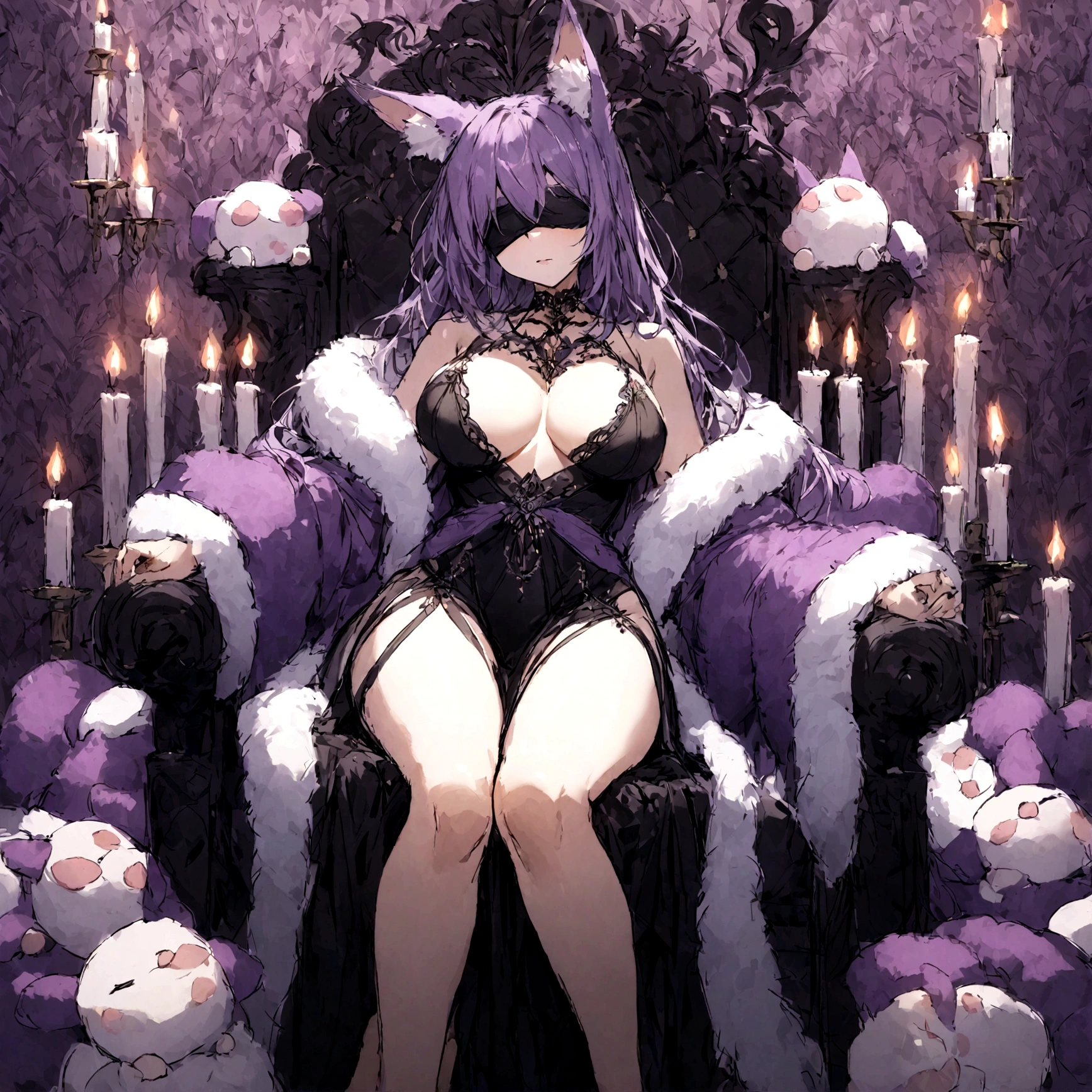 a sexy milf with a blindfold on, has very long purple hair, wearing fur lined sheer robe, breasts, showing cleavage, has fox ears, relaxing on a throne, surrounded by candles and soft multi colored fuzzy plushies