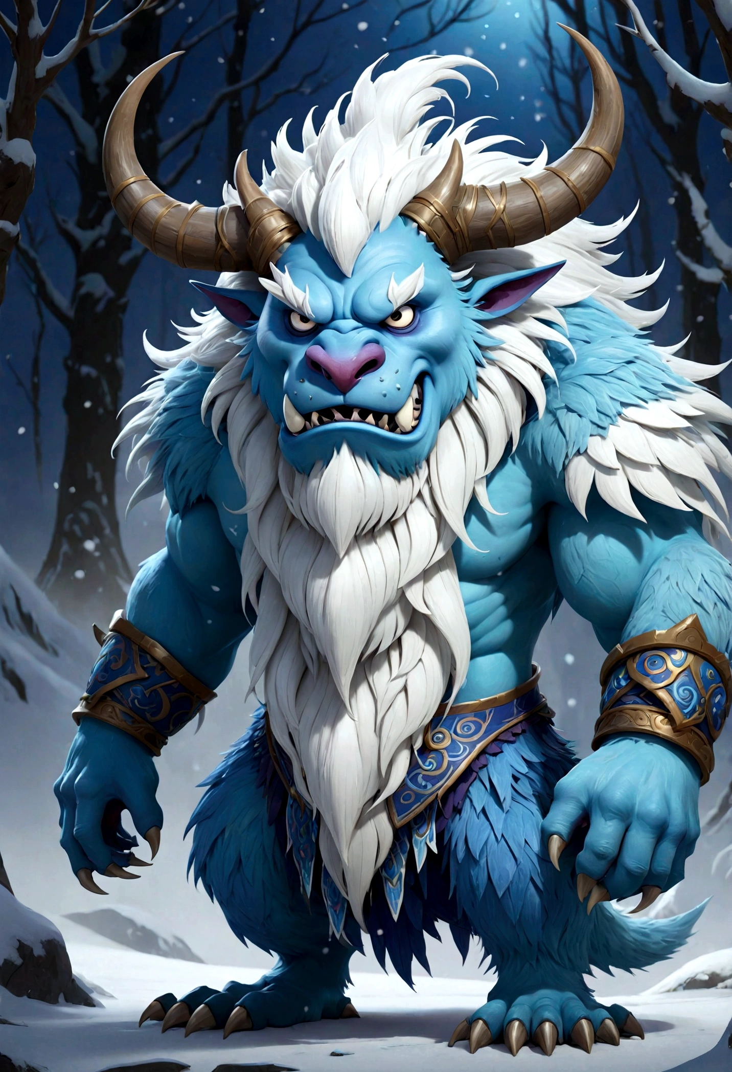 A blue and white monster with a big head and a large nose, monster character design, frozen 3 rendered, spiritual fantasy concept art, monster concept art, demonic soul concept art, blizzard conceptual artist, conceptual creature character art, duelist style, detailed Onmyoji art, fantasy creature concept art, creature design, dota character, stylized concept art