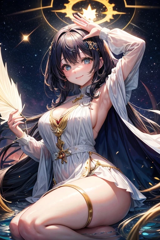 Imagine an anime girl with ethereal beauty, como si hubiera sido esculpida por los mismos artistas que pintaron las estrellas en el cielo nocturno. Su cabello fluye como una cascada de hilos dorados, capturando la luz del sol en cada hebra. Sus ojos son dos esmeraldas brillantes, llenos de vida y misterio, reflecting a spirit that is both ancient and eternally young. La piel de la chica tiene el suave resplandor del alba, and her smile is so radiant that it could illuminate even the darkest corners of the heart.”