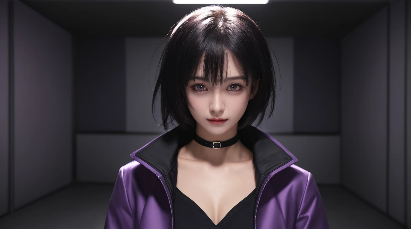 Serious girl with a Japanese suit, long black hair and a lock that covers her nose, a nervous expression on her face, eye color, one red and one purple, the red eye with a cross in the eye anime style Jujutsu Kaisen