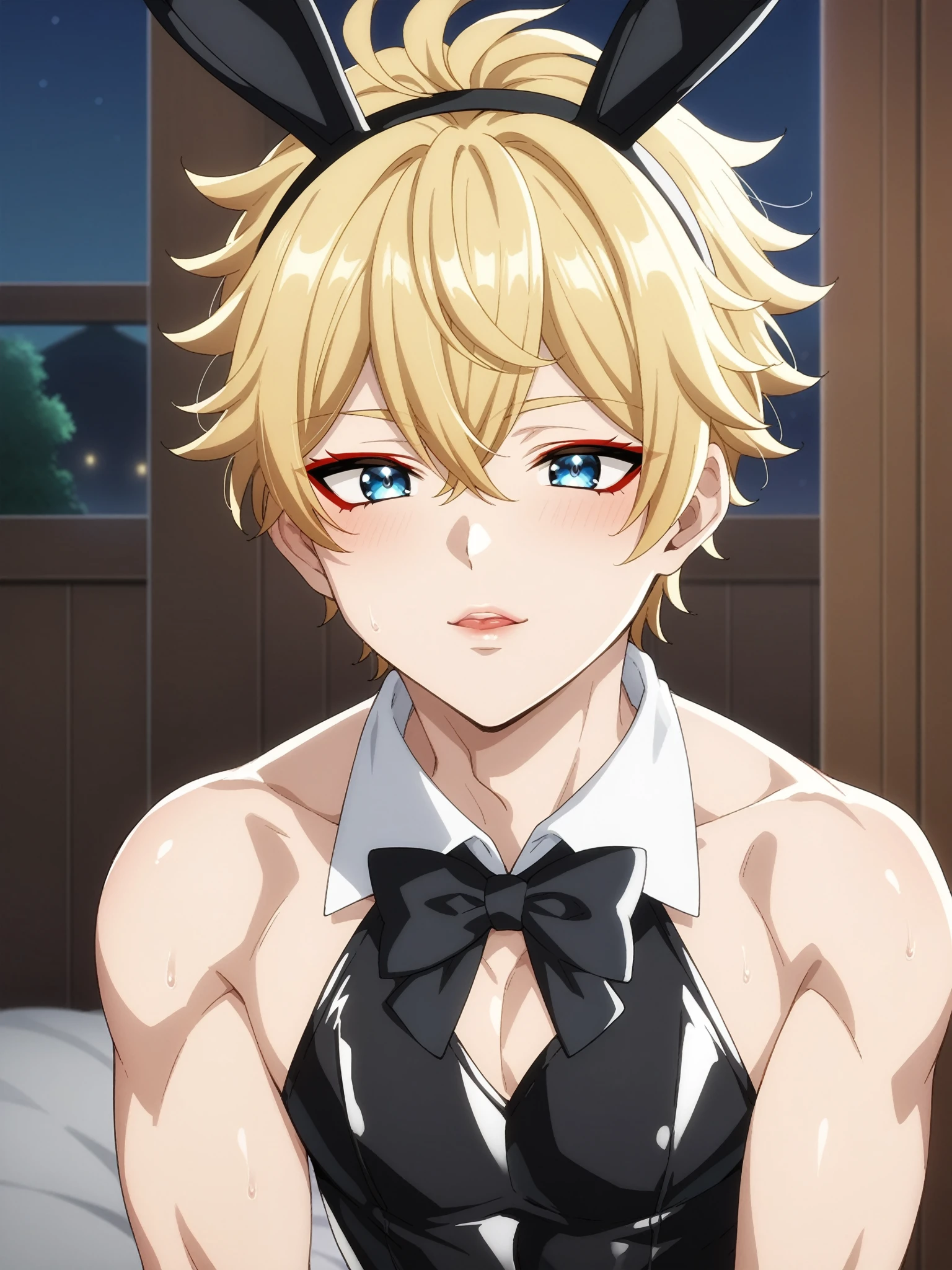 Score_9,  score_8_up,  score_7_up, source_anime, fine anime screencap_xl, anime_screencap, BREAK, aether, genshin impact, biy, gay, yaoi, femboy, otoko no ko, blonde hair, doctor stone, indoors, bedroom, latex, fake bunny ears, bunny suit, solo, closeup, face closeup, dark, night, prostitute, prostitution, hooker, red eyeshadow,  blue eyes, smacking lips