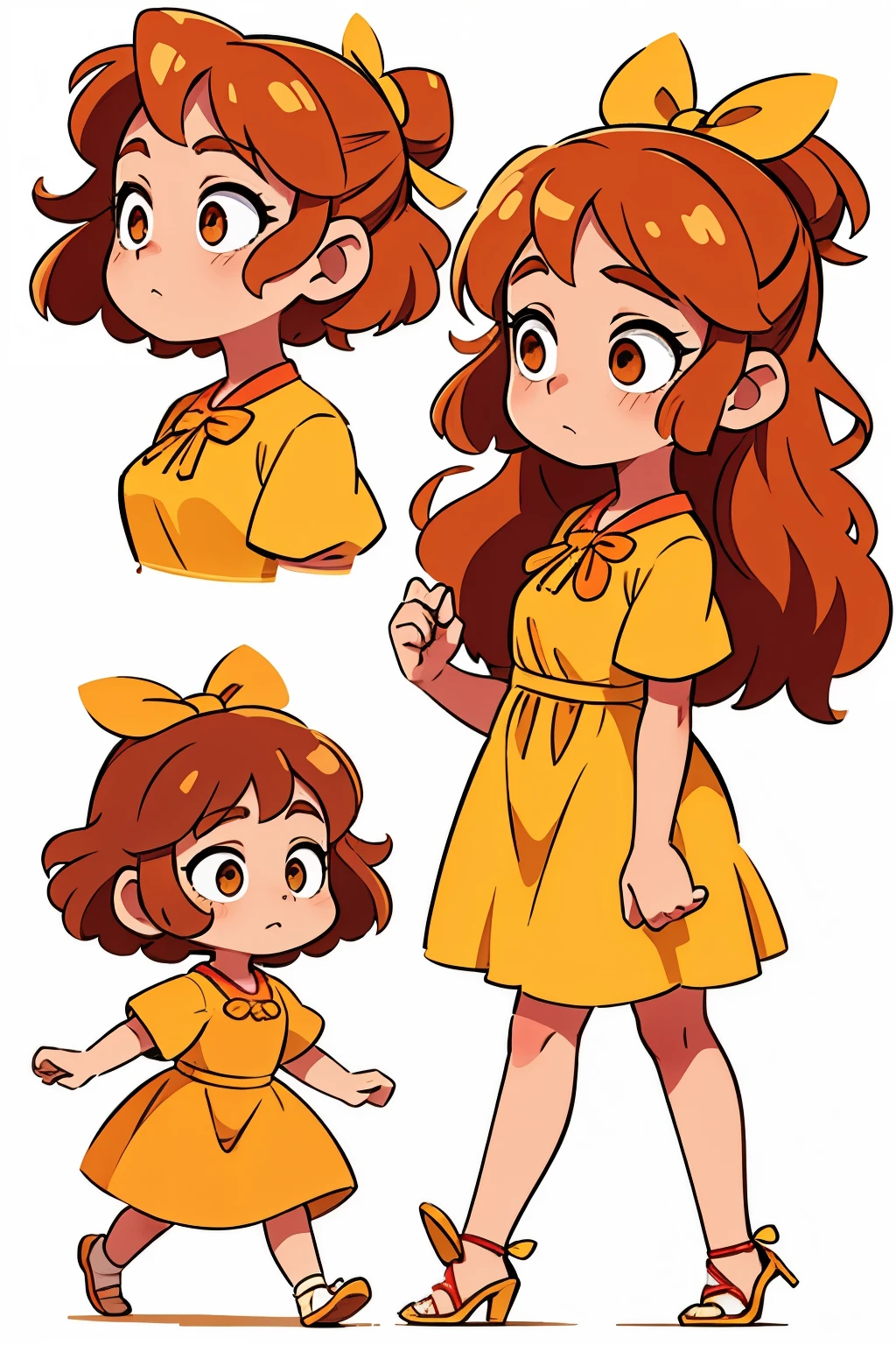 uma , with honey-colored curls and a bow, olhos brilhantes, usando um vestido florido e sapatos pretos, make her in multiple poses and expressions on a white background in a side view of her walking
