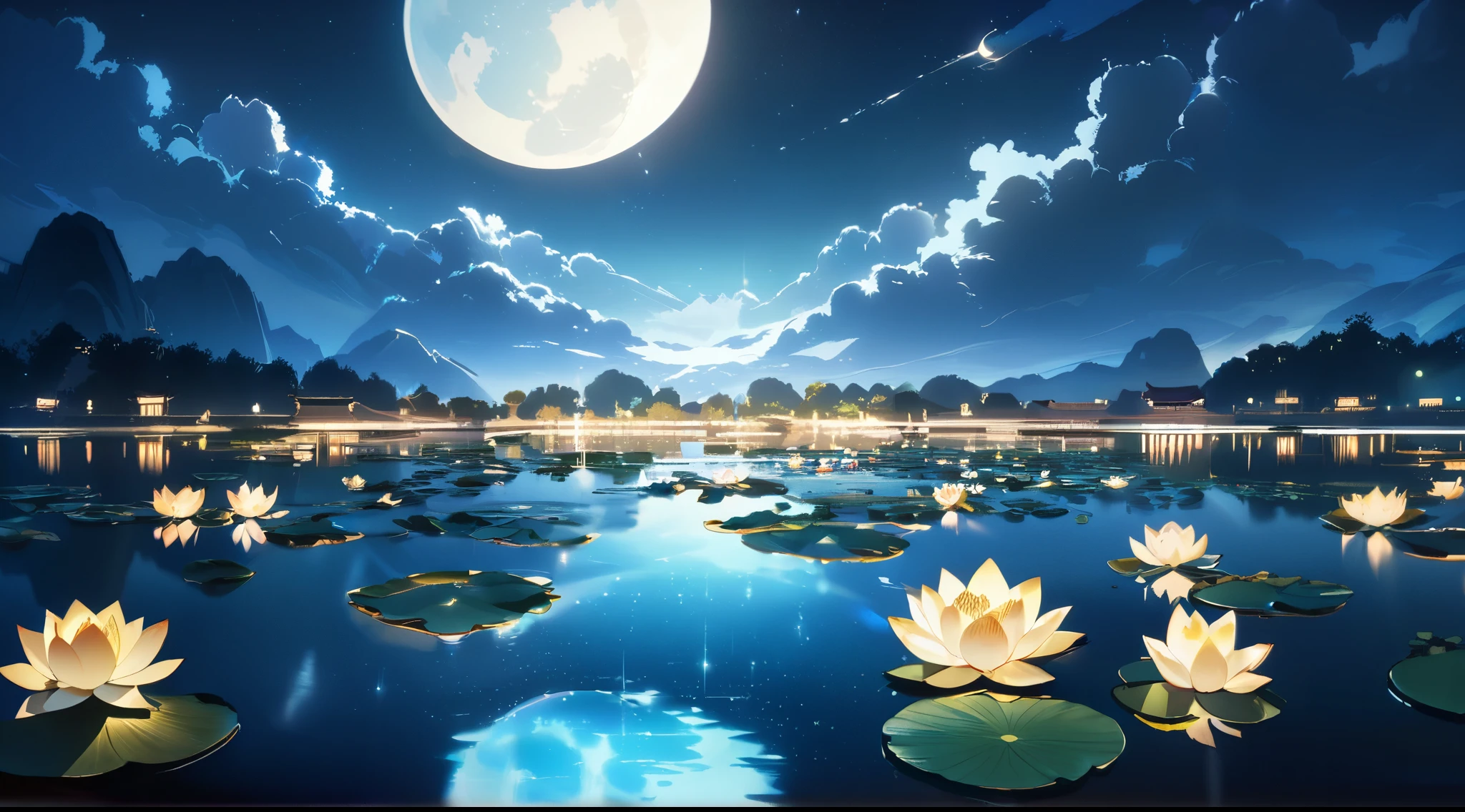 cinematic lighting, sparkle, reflection light, pov, UHD, retina, masterpiece, ccurate, super detail, high details, high quality, award winning, best quality, highres, 8k, landscape painting, unmanned, with many lotus lotus leaves, Cyan lake, white mist rising from the lake, white moon, blue night sky, ancient China