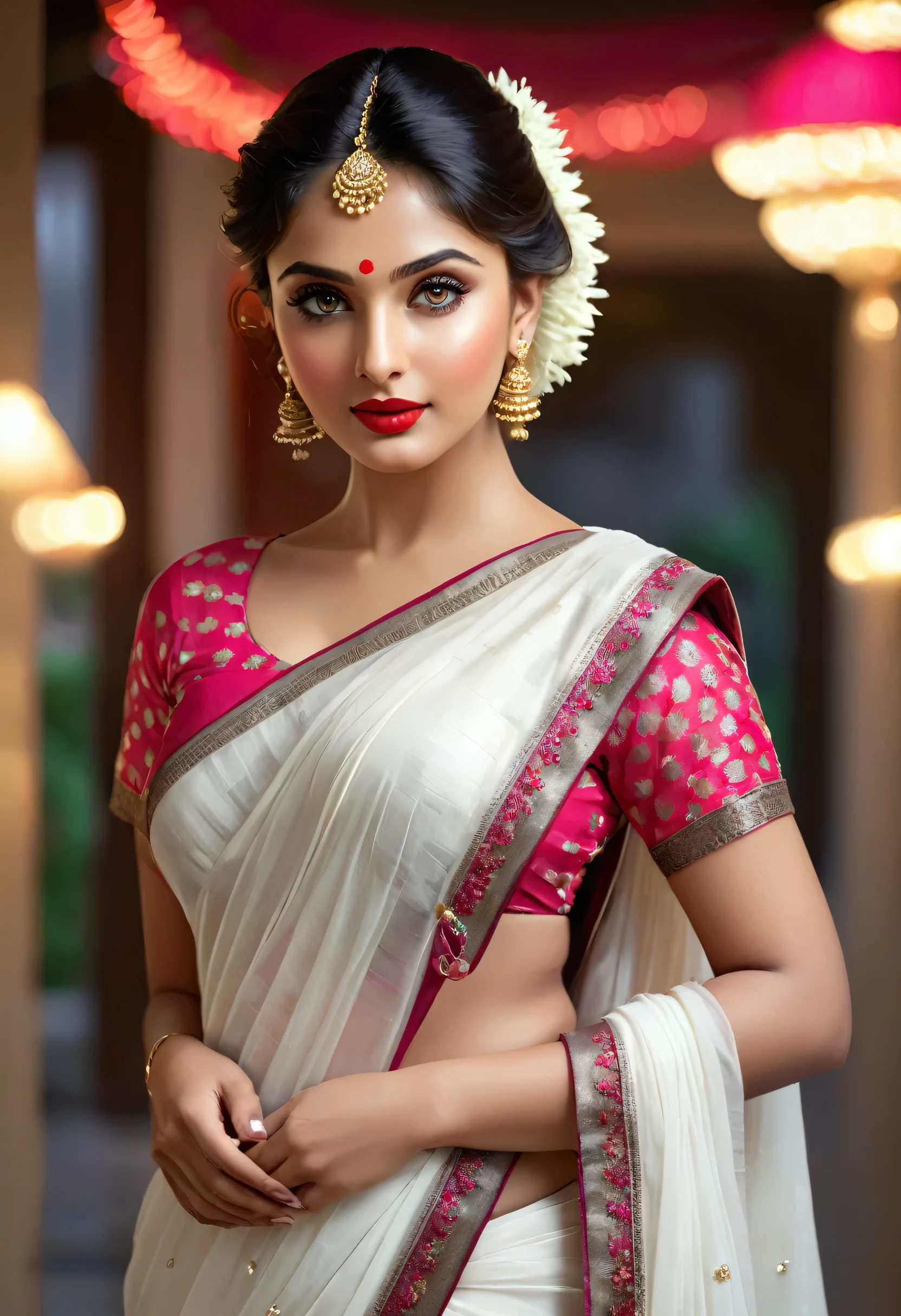 perfect pink eyes, fantastic face, Indian, beautiful look, ((red lips, bright eyes, curve heir 1.5)), not sagging breast), A glorious gorgeous, glorious gorgeous face, pretty face, bright eyes, white saree, updo elegant hair, blurred gray tones background, ultra focus, face ilumined, face detailed, 8k resolution, ultra realistic, brush, razumov style and garmash style, by Tokaito, ((Full Open )), full body, sexy open thin belly, night ambience. so realistic face.