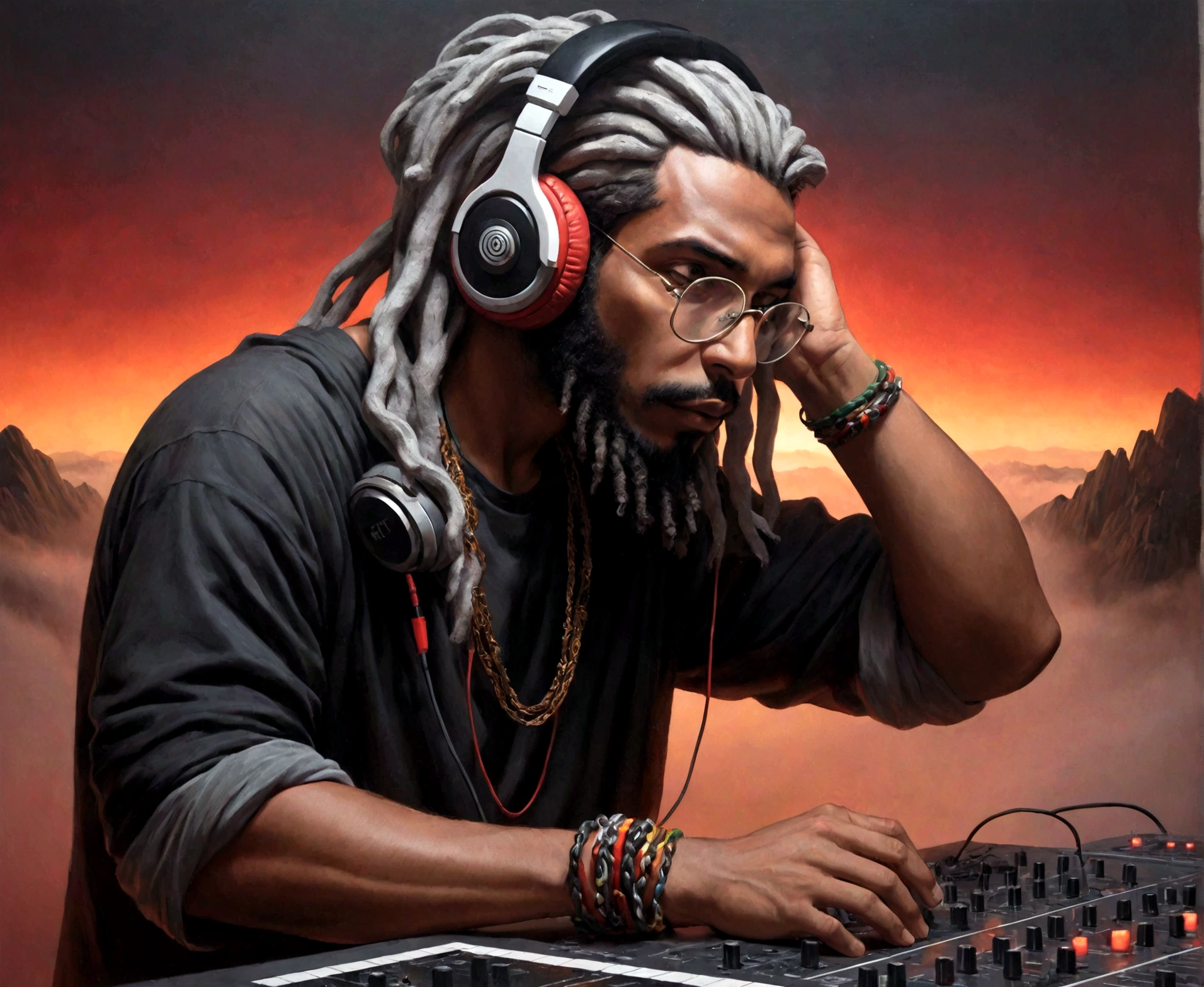 a man on the moon making music on a mixer with a mixtape ,make the man have a very well built shape and make him black like a shadow --auto --s2