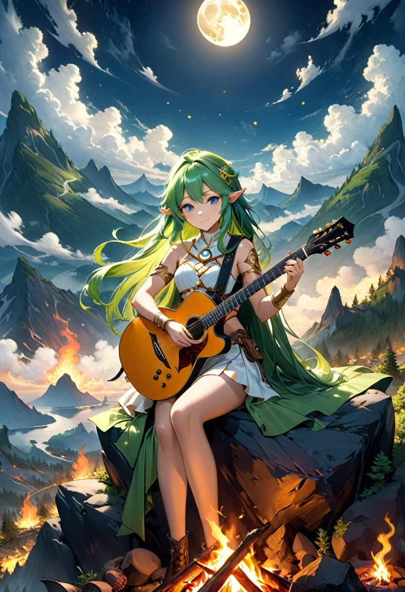 fantasy art, RPG art, a female elf playing (aether guitar: 1.3), she sits on the top of the mountain at night, exquisite beautiful female elf, (green hair: 1.4), long hair, (blue eyes: 1.30, wearing dynamic clothing, playing (aether guitar: 1.3) aetherpunkai, near a camp fire, on top of a fantasy mountain ,moon, stars, clouds, god rays, soft natural light, dynamic angle, photorealism, panoramic view, ultra best realistic, best details, 16k, [ultra detailed], masterpiece, best quality, (extremely detailed), photorealism, Cinematic Hollywood Film style