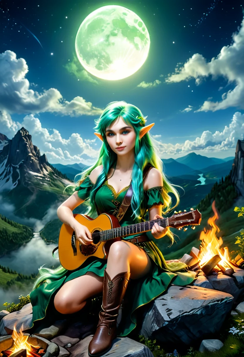 fantasy art, RPG art, a female elf playing (aether guitar: 1.3), she sits on the top of the mountain at night, exquisite beautiful female elf, (green hair: 1.4), long hair, (blue eyes: 1.30, wearing dynamic clothing, playing (aether guitar: 1.3) aetherpunkai, near a camp fire, on top of a fantasy mountain ,moon, stars, clouds, god rays, soft natural light, dynamic angle, photorealism, panoramic view, ultra best realistic, best details, 16k, [ultra detailed], masterpiece, best quality, (extremely detailed), photorealism, Cinematic Hollywood Film style