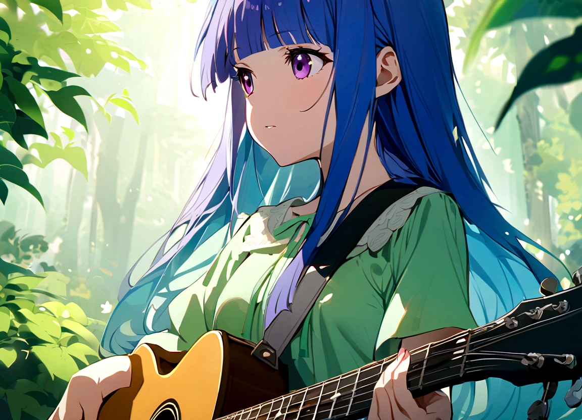 Guitarist playing guitar in natural scenery。Green background and clear々In the fresh air、Guitarists are one with nature。 One Girl, alone, furude rika, Blue Hair, Purple eyes, Long Hair, blunt bangs, bangs, alone, green dress