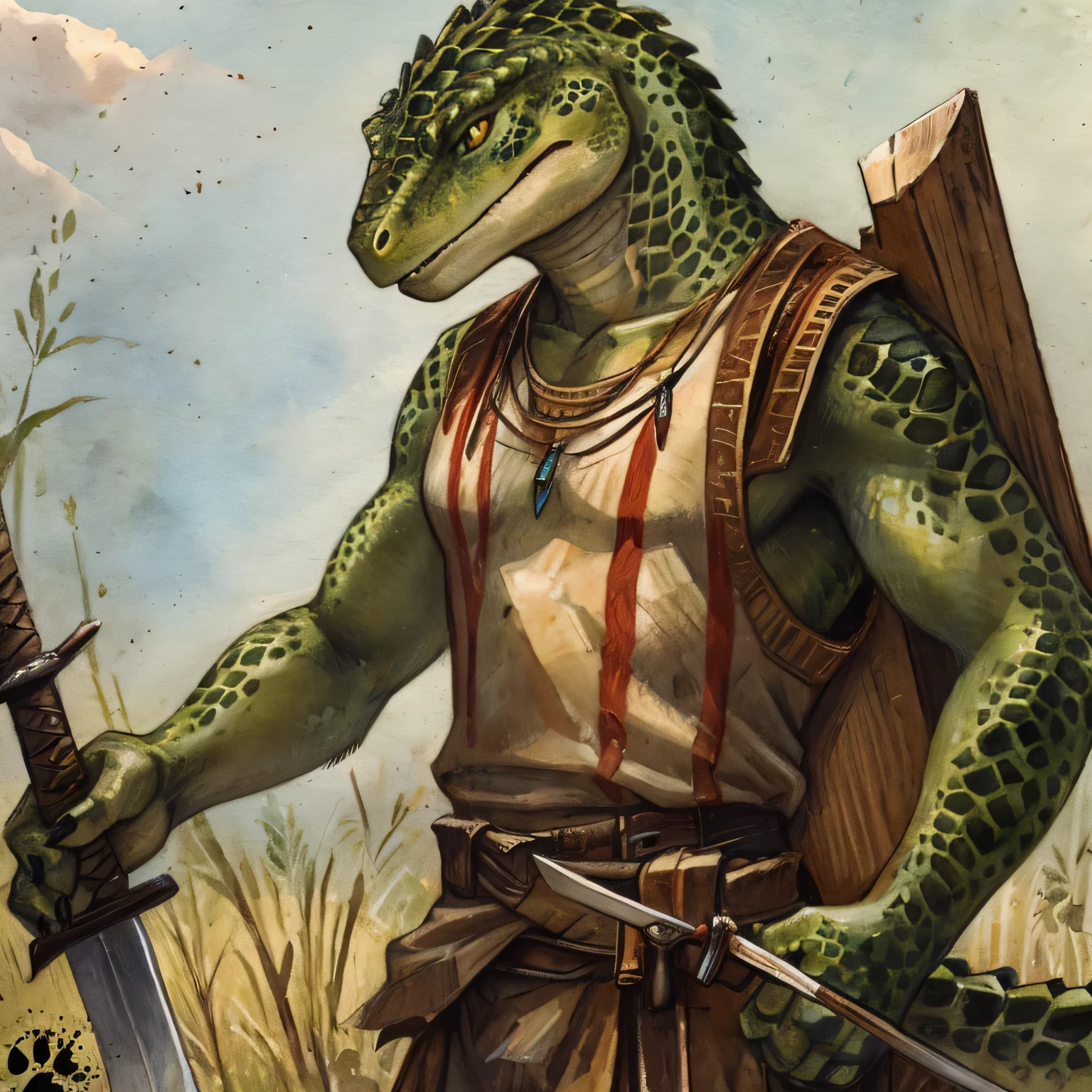 Male, Anthro, tegu lizard, angry eyes, brownish-green lizard scales, tribal vests, holding wood shield and sword, detailed anatomy, skinny, (by blotch)
