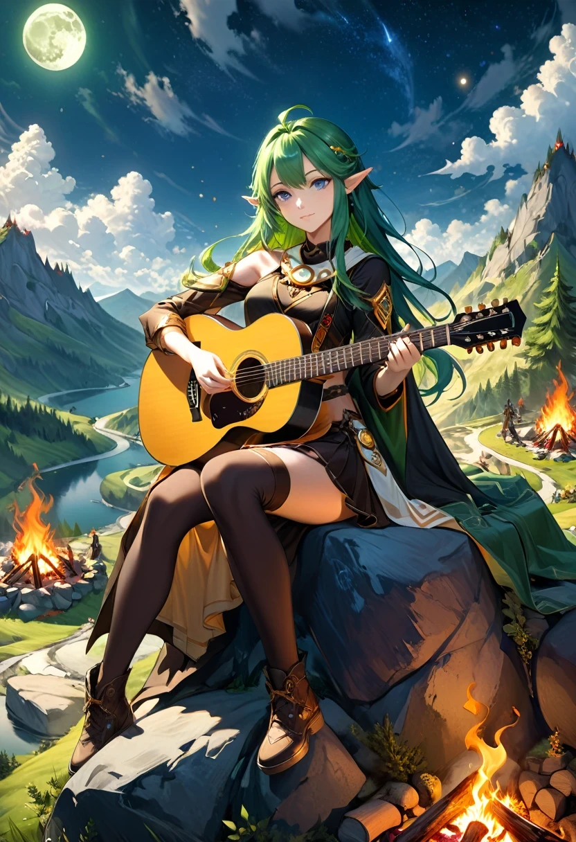 fantasy art, RPG art, a female elf playing (aether guitar: 1.3), she sits on the top of the mountain at night, exquisite beautiful female elf, (green hair: 1.4), long hair, (blue eyes: 1.30, wearing dynamic clothing, playing (aether guitar: 1.3) aetherpunkai, near a camp fire, on top of a fantasy mountain ,moon, stars, clouds, god rays, soft natural light, dynamic angle, photorealism, panoramic view, ultra best realistic, best details, 16k, [ultra detailed], masterpiece, best quality, (extremely detailed), photorealism, Cinematic Hollywood Film style