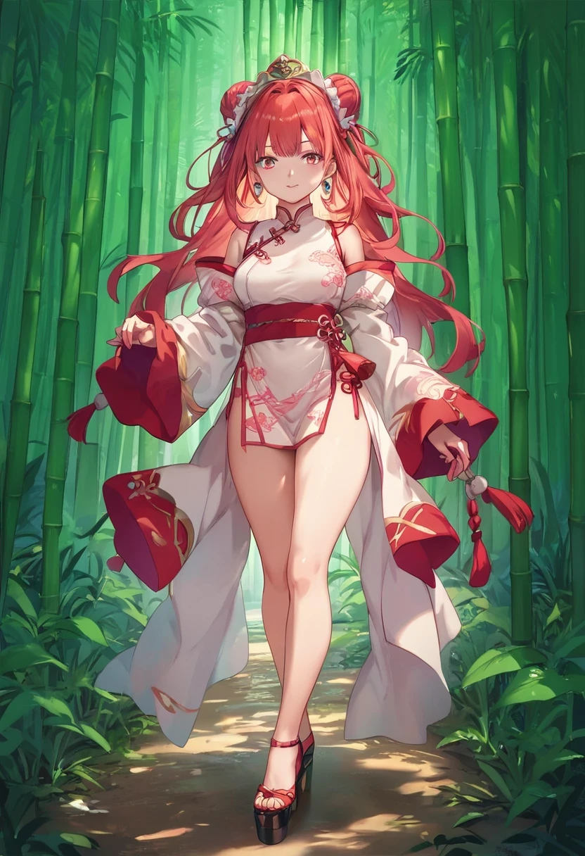 score_9, score_8_up, score_7_up, BREAK,
bamboo forest，pretty Woman, 1 girl, Full body image, red，chiffon， chinese clothes， High heel