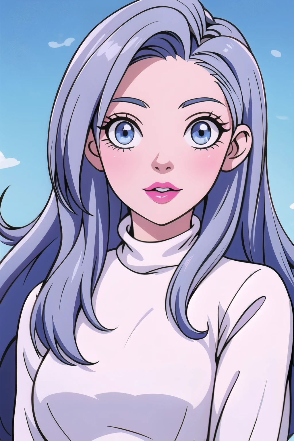 Girl, long gray hair, sky blue eyes, sharp features, white skin, bright pink lips, beautiful, sweater