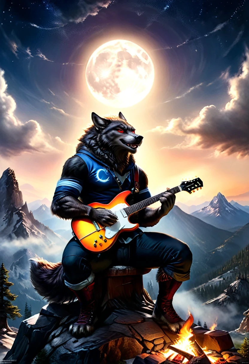 fantasy art, RPG art, a werewolf playing (aether guitar: 1.3), he sits on the top of the mountain at night, strong muscular werewolf, dynamic fur color. (red eyes: 1.30, wearing (dynamic clothing: 1.5), playing (aether guitar: 1.3) aetherpunkai, near a camp fire, on top of a fantasy mountain , full moon, stars, clouds, god rays, soft natural light, dynamic angle, photorealism, panoramic view, ultra best realistic, best details, 16k, [ultra detailed], masterpiece, best quality, (extremely detailed), photorealism, Cinematic Hollywood Film style