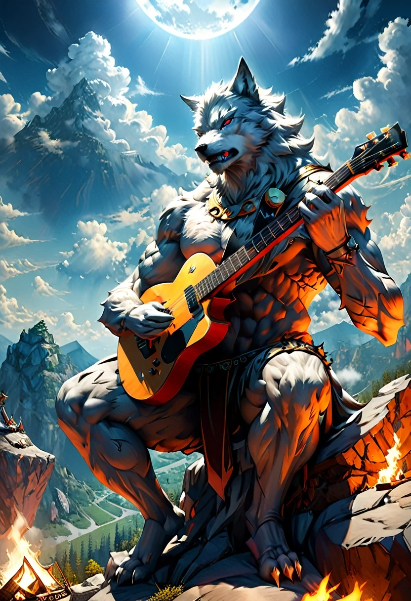 fantasy art, RPG art, a (wolf anthromorphic: 1.5) playing (aether guitar: 1.3), he sits on the top of the mountain at night, strong muscular(wolf anthromorphic: 1.5), dynamic fur color. (red eyes: 1.30, wearing (dynamic clothing: 1.5), playing (aether guitar: 1.3) aetherpunkai, near a camp fire, on top of a fantasy mountain , full moon, stars, clouds, god rays, soft natural light, dynamic angle, photorealism, panoramic view, ultra best realistic, best details, 16k, [ultra detailed], masterpiece, best quality, (extremely detailed), photorealism, Cinematic Hollywood Film style