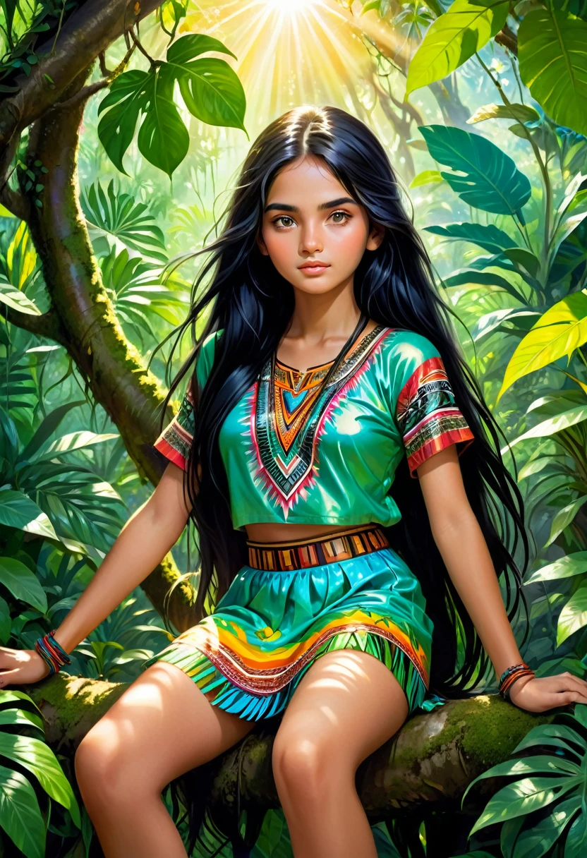 A 15-year-old girl, with disheveled long black hair and shiny eyes, is sitting on a tree, surrounded by a dense and lush jungle. She is dressed in colorful tribal clothes, which shine under the sunlight filtered by the foliage. The girl seems to be a part of nature, her skin shining with a touch of magic. She seems to be an attractive and mysterious figure, her serene expression and her relaxed posture. The scene conveys a sense of harmony and connection with nature, as if the girl were an integral part of the wild world that surrounds her.