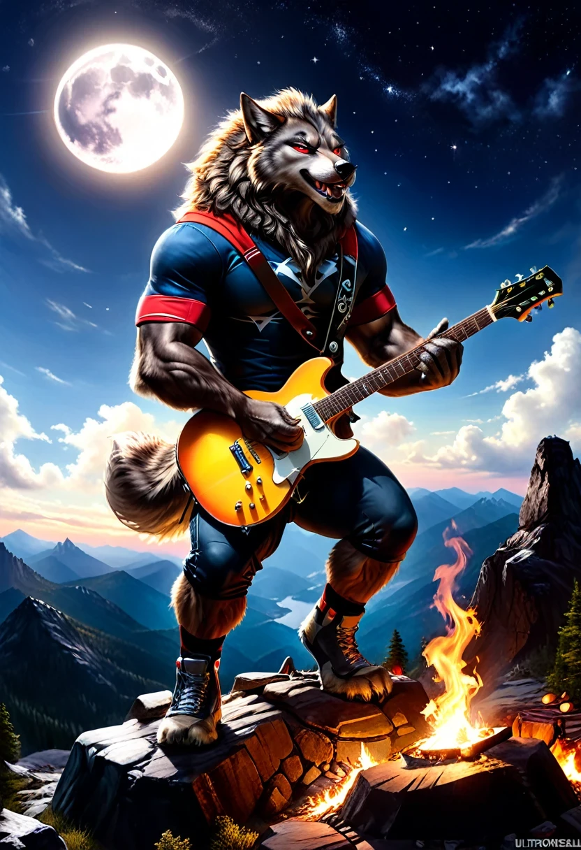 fantasy art, RPG art, a werewolf playing (aether guitar: 1.3), he sits on the top of the mountain at night, strong muscular werewolf, dynamic fur color. (red eyes: 1.30, wearing (dynamic clothing: 1.5), playing (aether guitar: 1.3) aetherpunkai, near a camp fire, on top of a fantasy mountain , full moon, stars, clouds, god rays, soft natural light, dynamic angle, photorealism, panoramic view, ultra best realistic, best details, 16k, [ultra detailed], masterpiece, best quality, (extremely detailed), photorealism, Cinematic Hollywood Film style