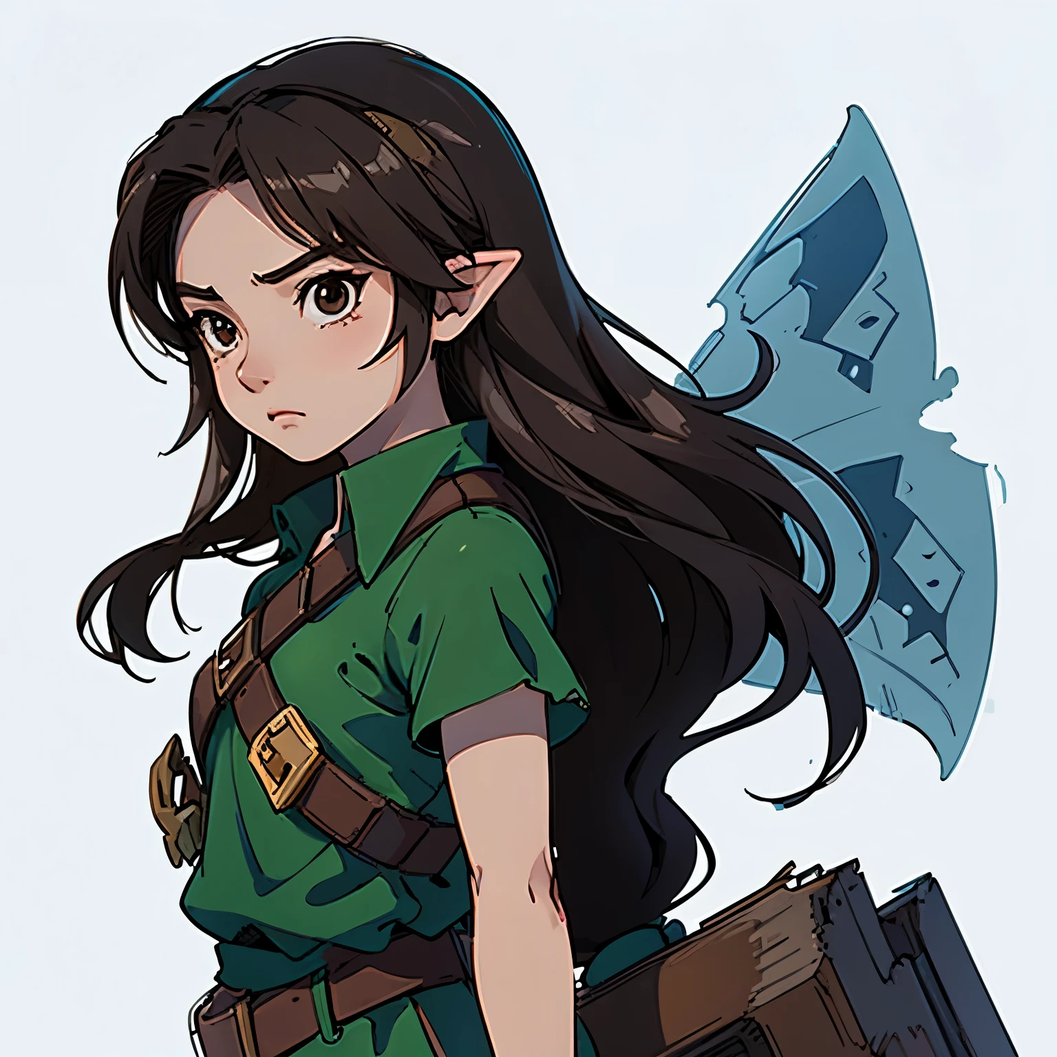 A woman, with cosplay of Link, sad face, sad eyes, brown eyes, black long hair, sketch art, sticker, white background, character from the legend of zelda