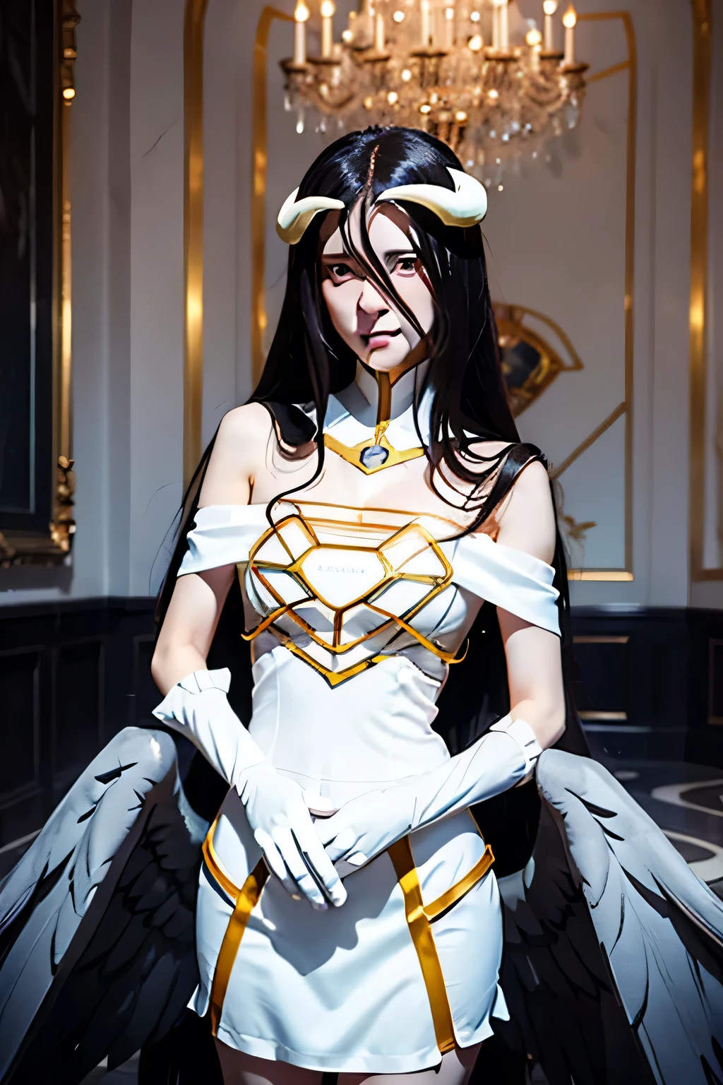 albedow, albedowings, medium breasts, long black hair, yellow eyes, white dress, white elbow gloves, looking at viewer, evil smile, parted lips, cowbot shot, indoors, marble floor