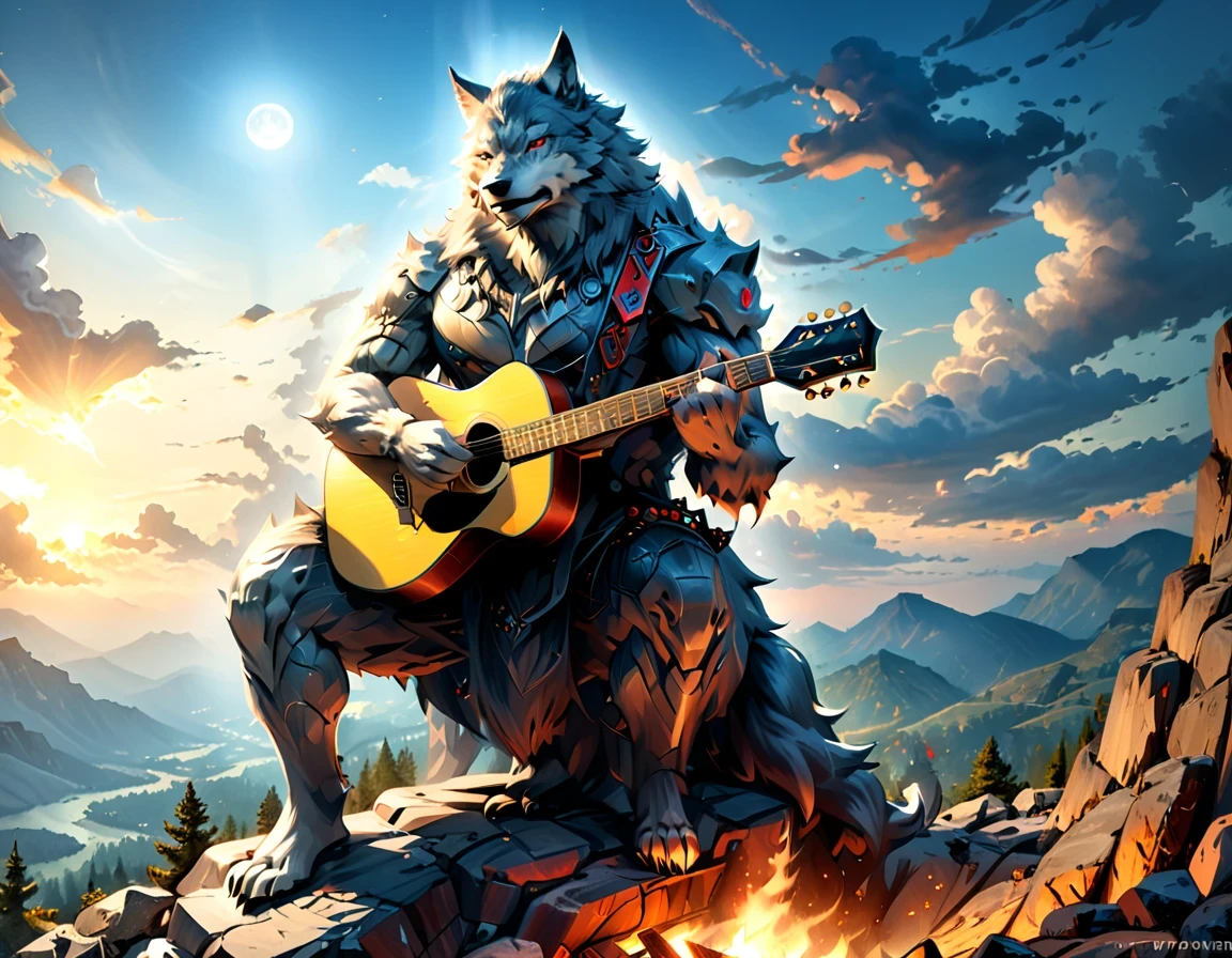 fantasy art, RPG art, a (wolf anthromorphic: 1.5) playing (classic guitar: 1.3), he sits on the top of the mountain at night, strong muscular(wolf anthromorphic: 1.5), dynamic fur color. (red eyes: 1.30, wearing (dynamic clothing: 1.5), playing (classic guitar: 1.3) aetherpunkai, near a camp fire, on top of a fantasy mountain , full moon, stars, clouds, god rays, soft natural light, dynamic angle, photorealism, panoramic view, ultra best realistic, best details, 16k, [ultra detailed], masterpiece, best quality, (extremely detailed), photorealism, Cinematic Hollywood Film style