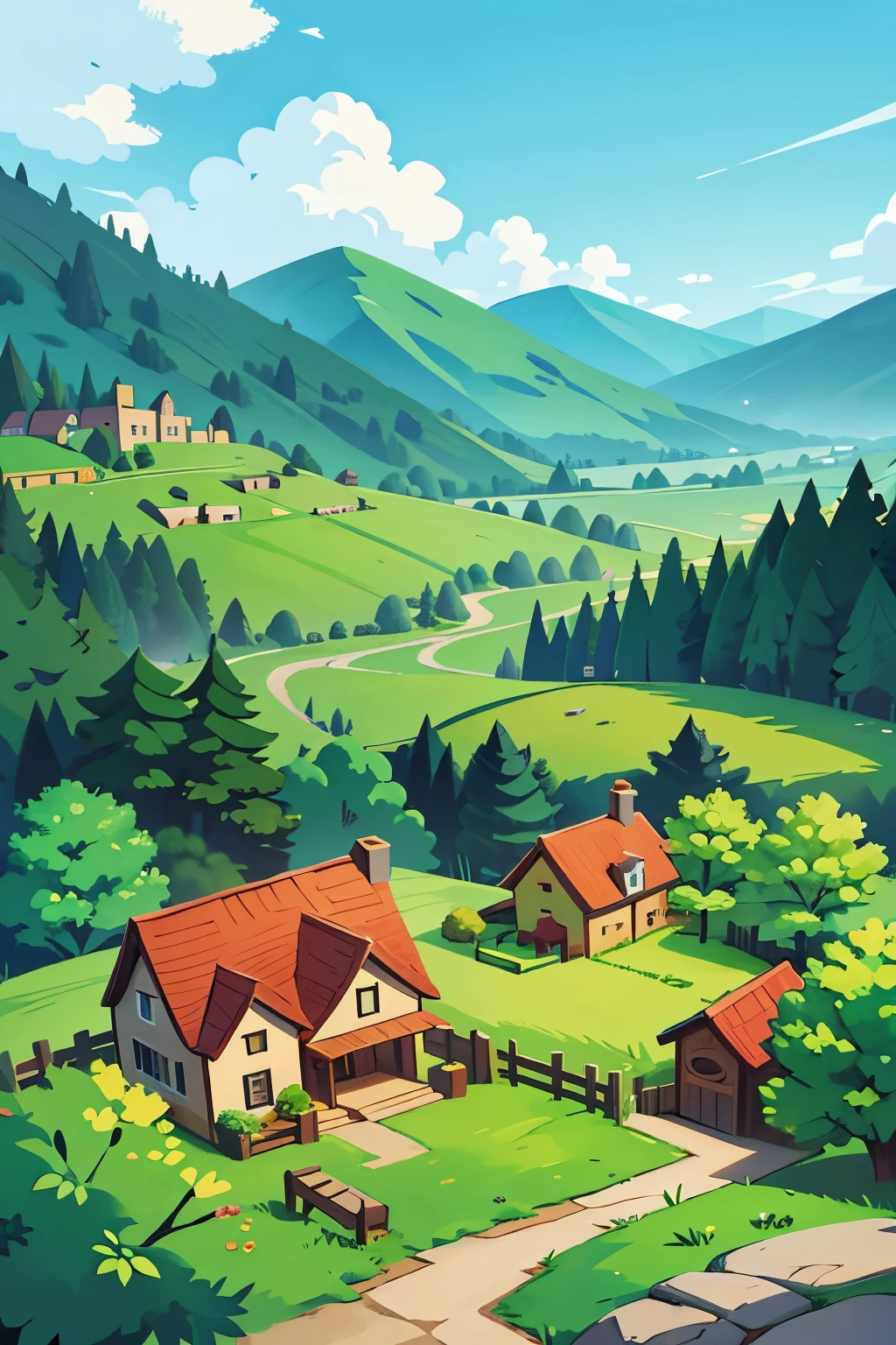 create a landscape of a cozy little town surrounded by green mountains