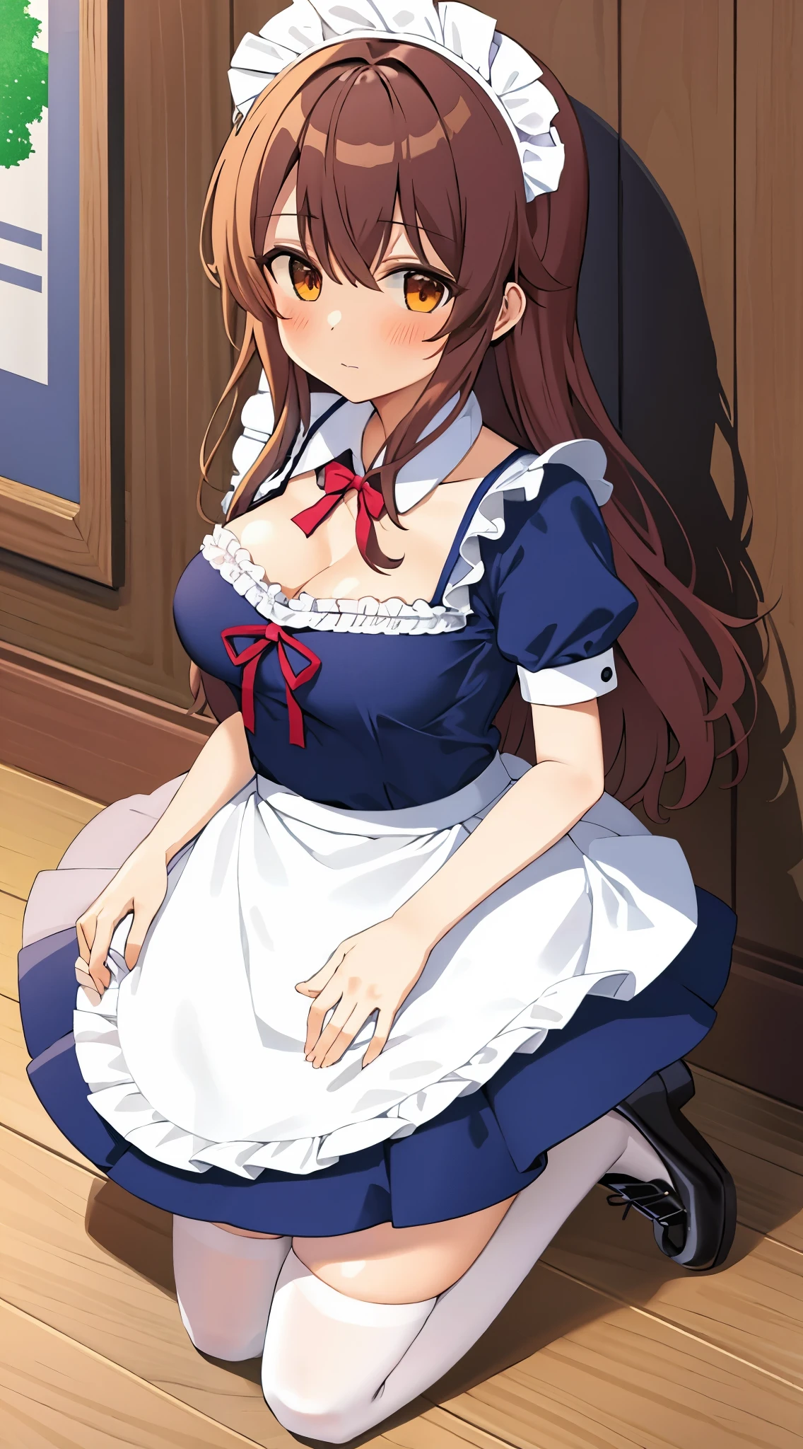 best quality, masterpiece, highly detailed, illustration, 1girl, solo, yoshida yuuko \(machikado mazoku\), shamiko, (maid), cleavage, white thigh highs, heeled shoes, glossy lips, closed mouth