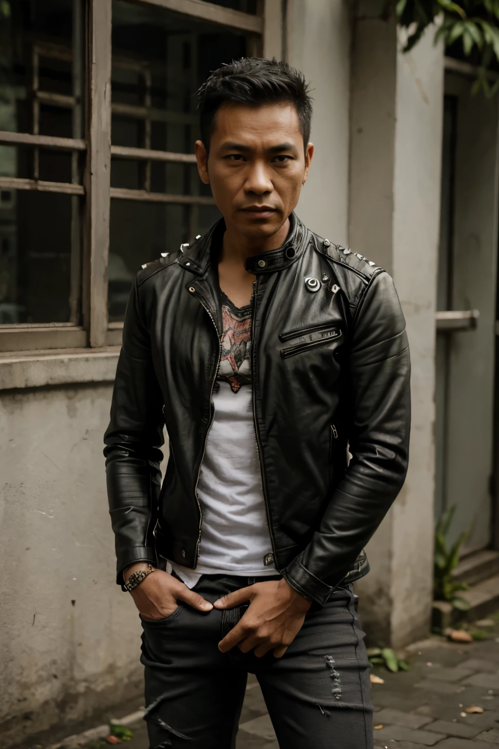 1man, indonesian, spike hair, 40 years old, skiny, leather jacket, tight jeans, punk, pierching in the ear