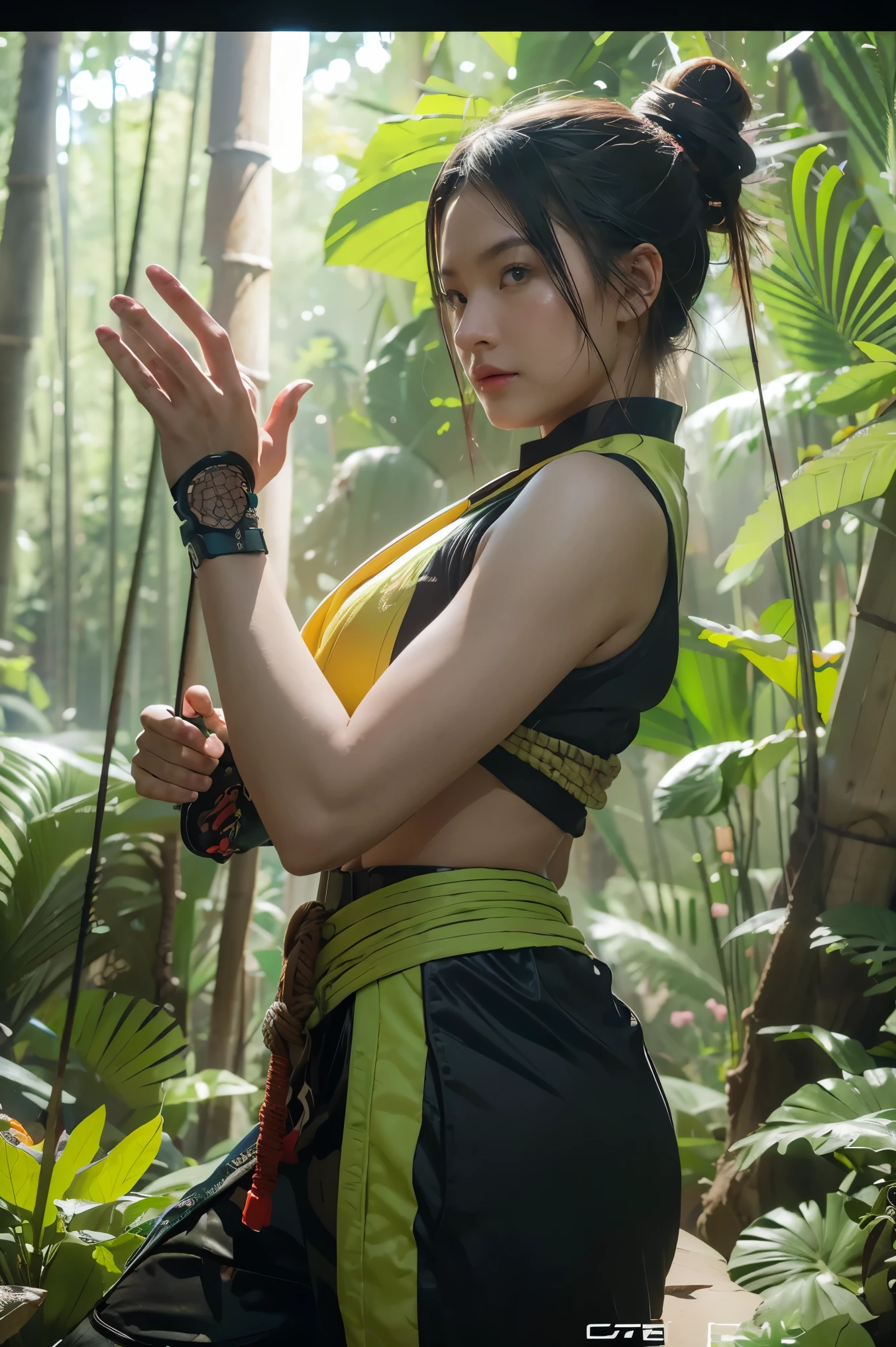 bamboo forest background，A look of determination，colorful vivid octane render, cybernetic and highly detailed, loba andrade from apex legends, created in unreal engine 5, made in unreal engine 5, trending on unreal engine 5, Antique portraits, Martial arts fantasy style 8k octane rendering, rendered in unreal 5, rendered in high octane