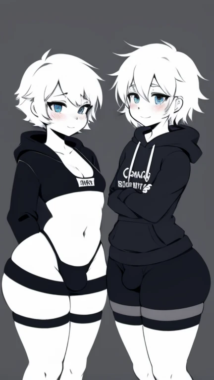 Femboy, feminine boy, male, feminine male, skirt, short skirt, short hair, blue eyes, heart eyes, freckles, big butt, big ass, big thighs, striped thigh highs, black and white thigh highs, bikini, micro bikini, blush, blushing, cute smile, lusty smile, shy, is shy, hoodie, black hoodie, bulge, visible bulge, flat chest, no boobs, logo, symbol,