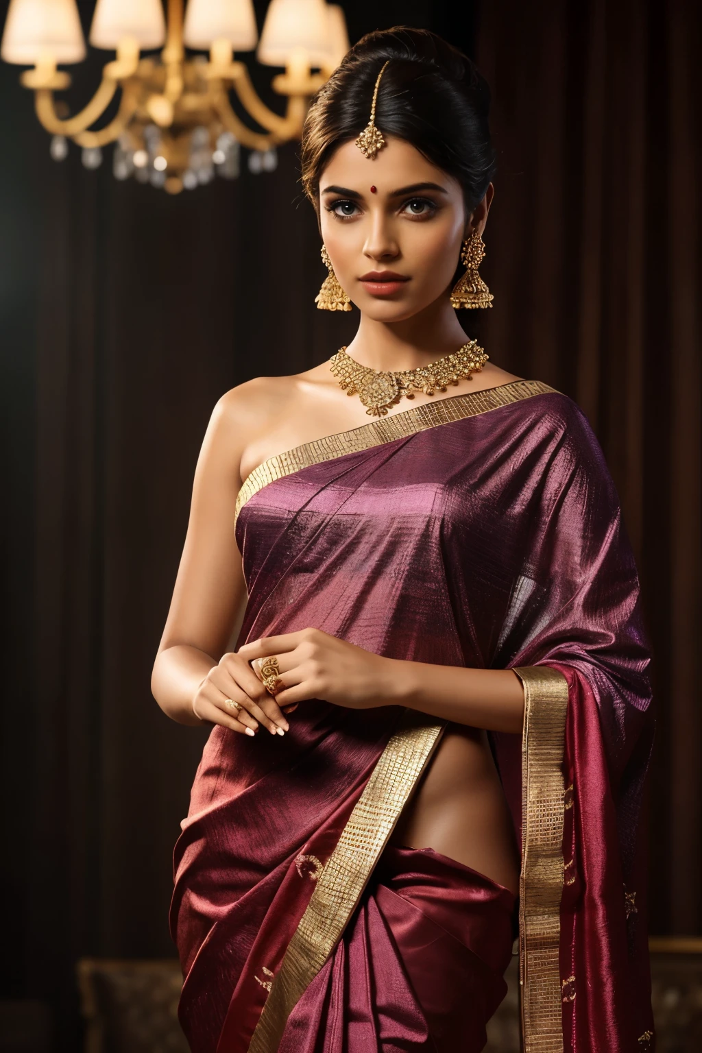 In this photograph, an Indian Instagram female model in her mid-20s takes center stage. (highly detailed face:1.4) (smile:0.7) (background 5-star hotel, moody, private study:1.0V, by Lee Jeffries, Nikon D850, film stock photograph, 4 Kodak Portra 400, camera f1.6 lens, rich colors, hyper-realistic, lifelike texture, dramatic lighting, Cinestill 800, realistic). She is wearing a traditional Brown-violet combination saree that exudes elegance and sophistication. The saree features a vibrant and intricate design with rich colors and detailed patterns, draped gracefully around her. The blouse is short-sleeved with intricate embroidery and beadwork, complementing the saree’s luxurious fabric. Completing her look, she adorns herself with traditional jewelry, including bangles, earrings, and a necklace. The model's hair is styled in a classic bun with jasmine flowers. The photograph is meticulously captured in 8K resolution using cutting-edge techniques such as Cinema 4D and Octane Render, resulting in a highly detailed and photorealistic image. Studio lighting, HDR, and a smoky mist create a captivating ambiance, while the bokeh effect adds an artistic touch.