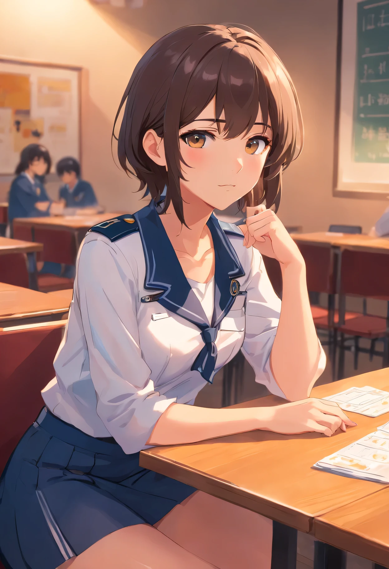 Mujer sentada en una mesa, con un uniforme universitario, de tetas grandes, con falda, mostrando su ropa interior en pose sexy