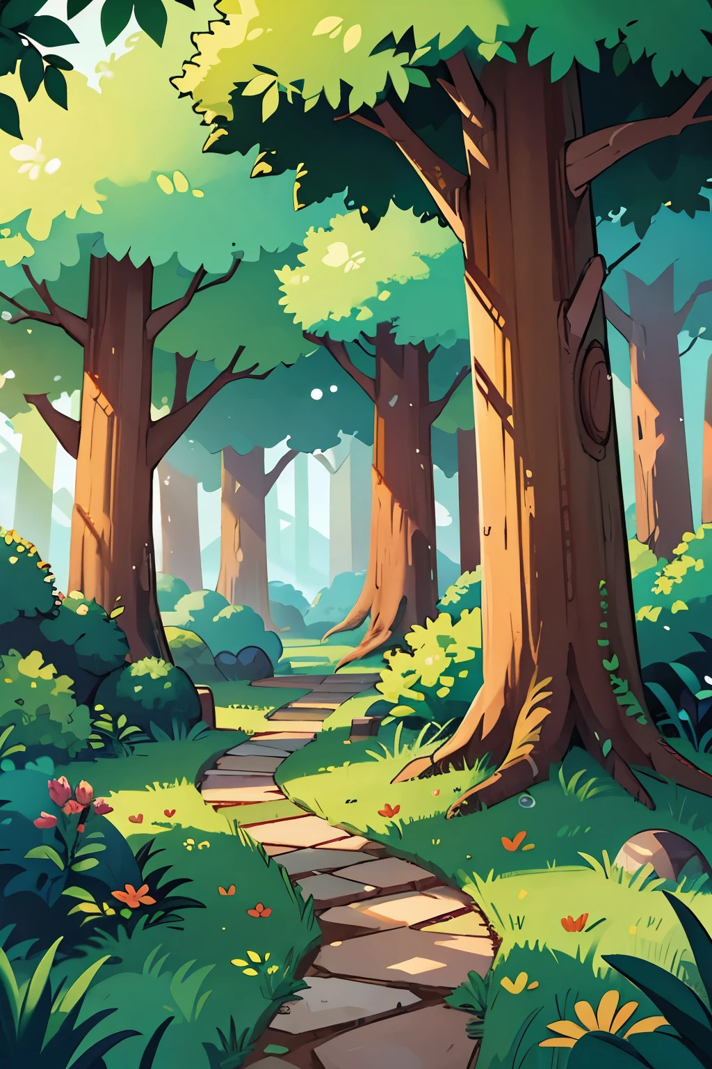 make a large forest with a path leading to a shining stone portal 