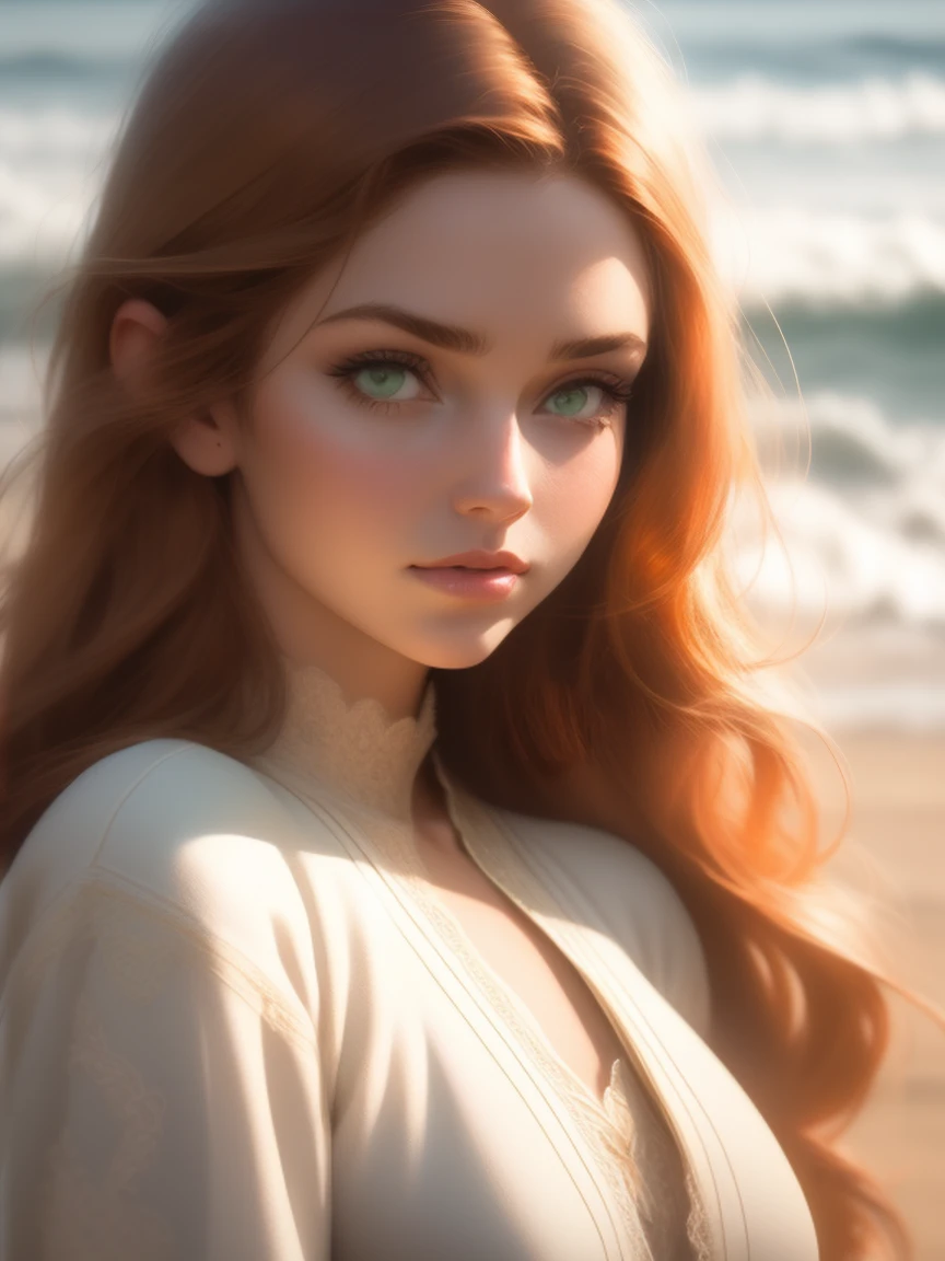 close up of a european woman, ginger hair, winter beach, natural skin texture, 24mm, 4k textures, soft cinematic light, RAW photo, photorealism, photorealistic, intricate, elegant, highly detailed, sharp focus, ((((cinematic look)))), soothing tones, insane details, intricate details, hyperdetailed, low contrast, soft cinematic light, dim colors, exposure blend, hdr, faded