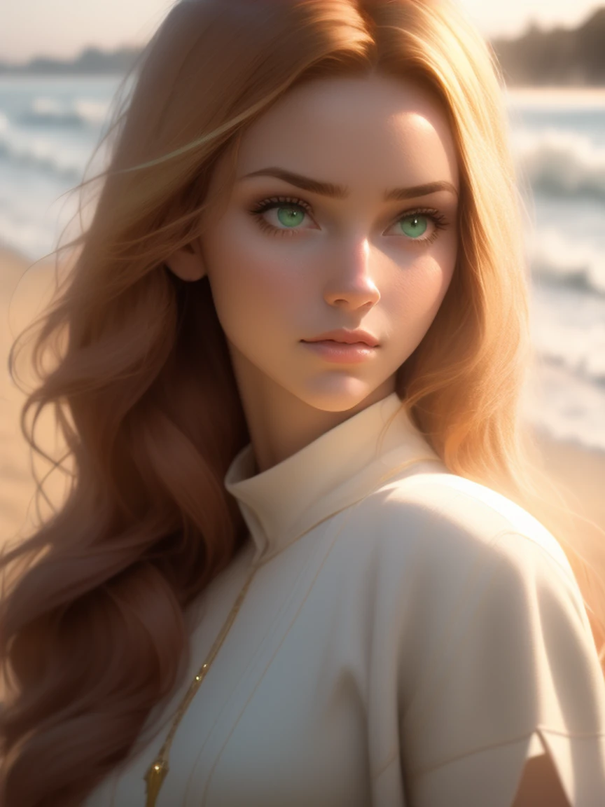 close up of a european woman, ginger hair, winter beach, natural skin texture, 24mm, 4k textures, soft cinematic light, RAW photo, photorealism, photorealistic, intricate, elegant, highly detailed, sharp focus, ((((cinematic look)))), soothing tones, insane details, intricate details, hyperdetailed, low contrast, soft cinematic light, dim colors, exposure blend, hdr, faded