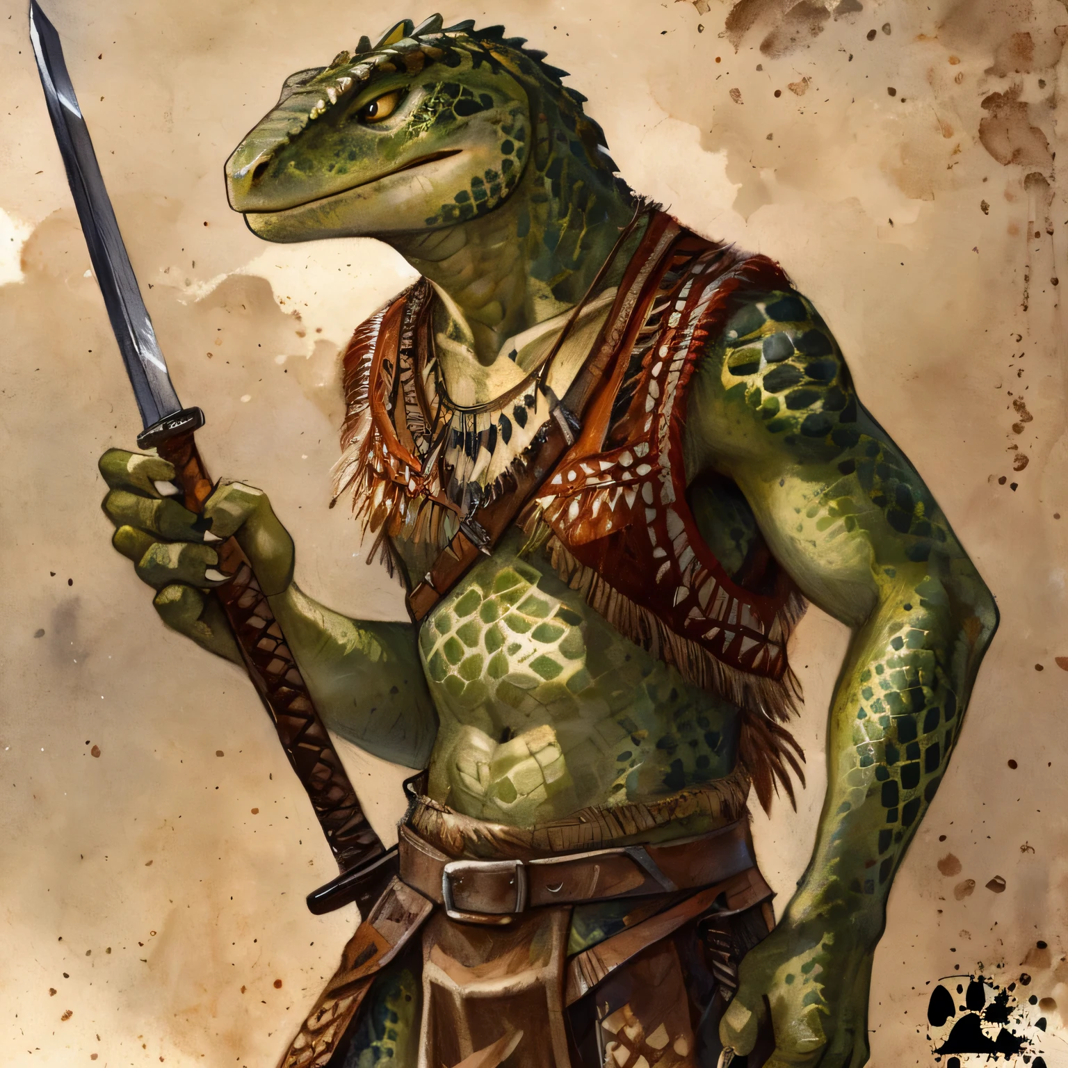 Male, Anthro, tegu lizard, angry eyes, brownish-green lizard scales, tribal vests, holding wood shield and sword, detailed anatomy, skinny, (by blotch)