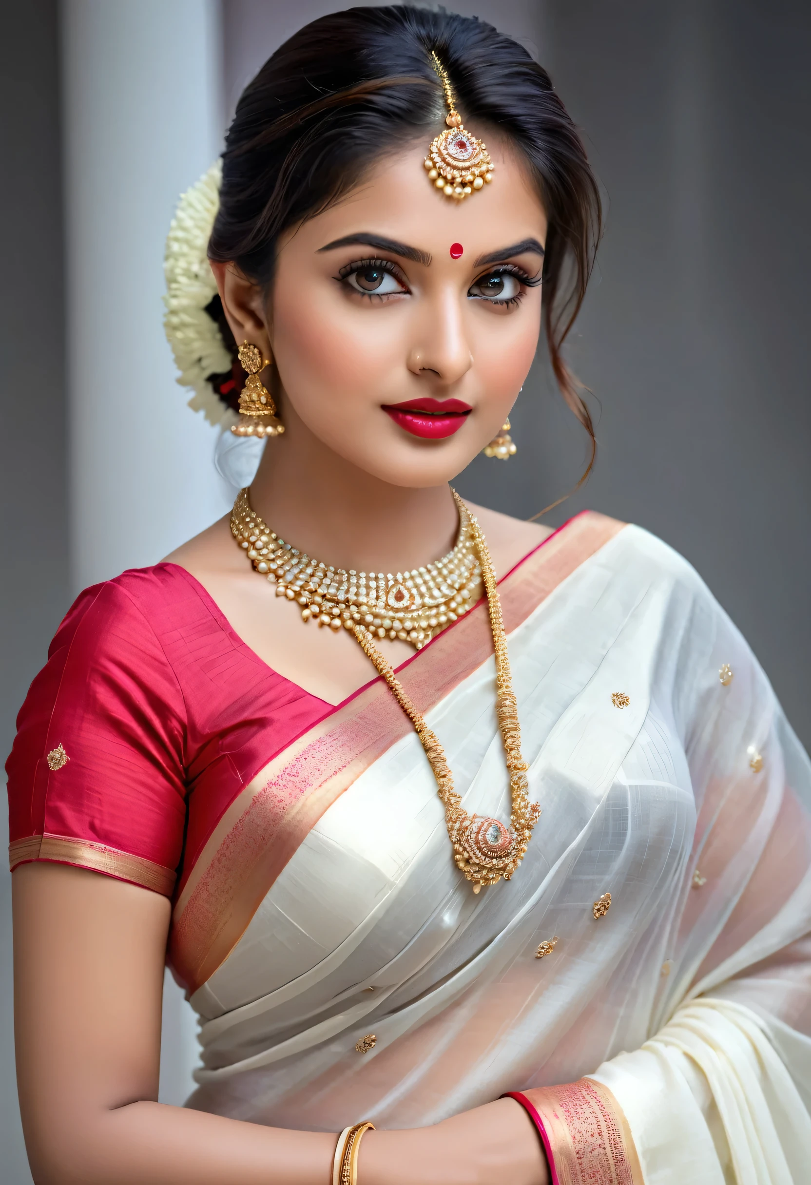 perfect pink eyes, fantastic face, Indian, beautiful look, ((red lips, bright eyes, curve heir 1.5)), not sagging breast), A glorious gorgeous, glorious gorgeous face, pretty face, bright eyes, white saree, updo elegant hair, blurred gray tones background, ultra focus, face illumined, face detailed, 8k resolution, ultra realistic, ((Full Open )), full body, sexy open thin belly, night ambience. so realistic face.