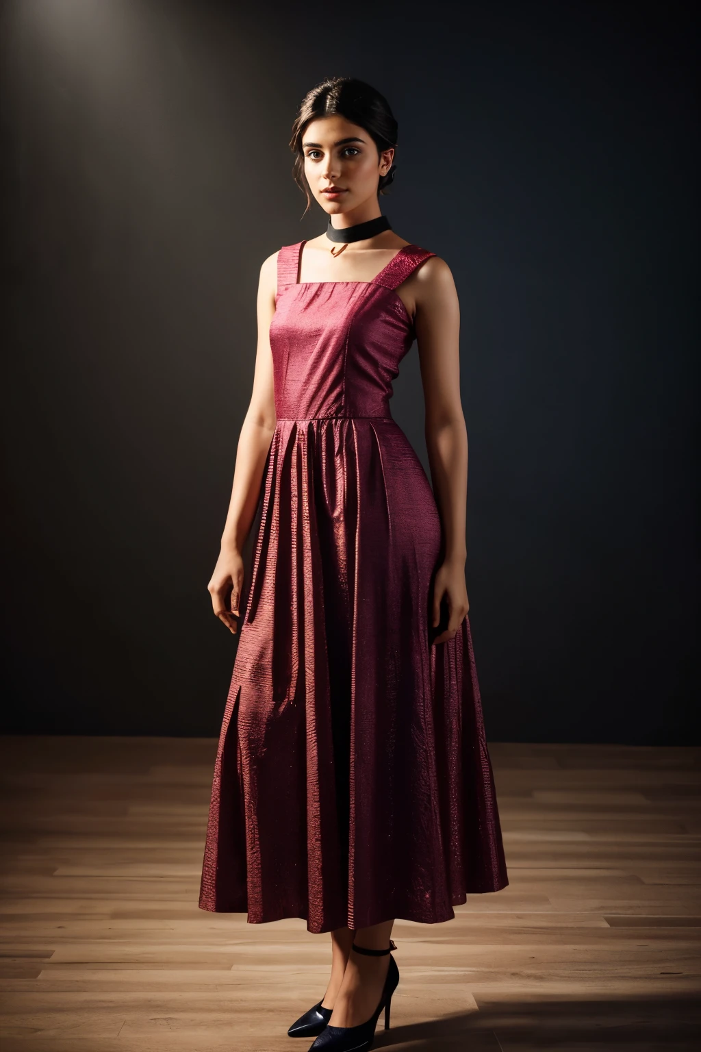 In this photograph, an Indian Instagram female model in her mid-20s takes center stage. (highly detailed face:1.4) (smile:0.7) (background 5-star hotel, moody, private study:1.0V, by Lee Jeffries, Nikon D850, film stock photograph, 4 Kodak Portra 400, camera f1.6 lens, rich colors, hyper-realistic, lifelike texture, dramatic lighting, Cinestill 800, realistic). She is wearing a stylish kurti with a skirt that perfectly blends traditional and modern aesthetics. The kurti is a rich shade of navy blue with intricate black embroidery along the neckline and cuffs. It features a sweetheart neck and short, puff sleeves, adding a touch of vintage charm. The fit-and-flare design of the kurti, along with the tie-up detail on the back, creates a flattering silhouette.
The skirt, in a matching orange-pink combination, flows elegantly to the floor with a subtle flare and is made from lightweight chiffon fabric, providing a graceful movement. The skirt's design includes a flounce hem and an attached lining for added comfort and volume.
Completing the aesthetic, the model wears a delicate slave collar with a chain around her neck, adding an edgy contrast to the traditional outfit. The photograph is meticulously captured in 8K resolution using cutting-edge techniques such as Cinema 4D and Octane Render, resulting in a highly detailed and photorealistic image. Studio lighting, HDR, and a smoky mist create a captivating ambiance, while the bokeh effect adds an artistic touch.