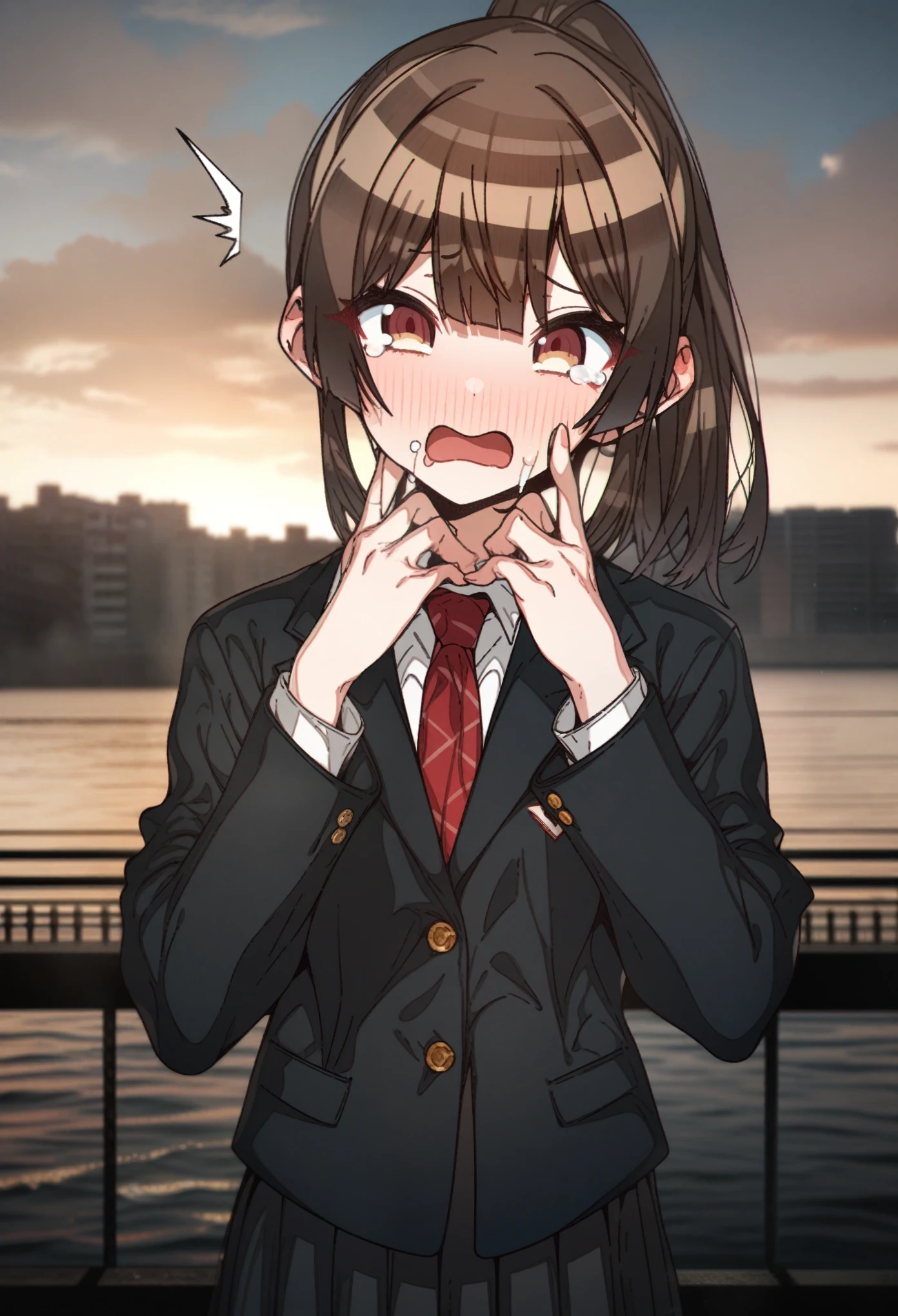 standing, Houshou_marine with brown hair and hazel eyes, Artist, erere, Copyrights, idolmaster, idolmaster_shiny_colors, Character, General, 1girl, brown_hair, medium_breasts, breasts, long side_bangs, ponytail, detailed eyelashes, beautiful girl:1, hazel_eyes, censored, ((clouds, detailed background)), school_uniform, black skirt, black blazer, black_sleeves, pleated skirt:1.2, blazer, red tie, detailed, outdoors, looking_at_viewer, masterpiece, best_quality, great_quality, girl, solo, center_composition, centered character, cute, tears, crying, sad, upper_teeth_only, surprised, hands_on_own_face
