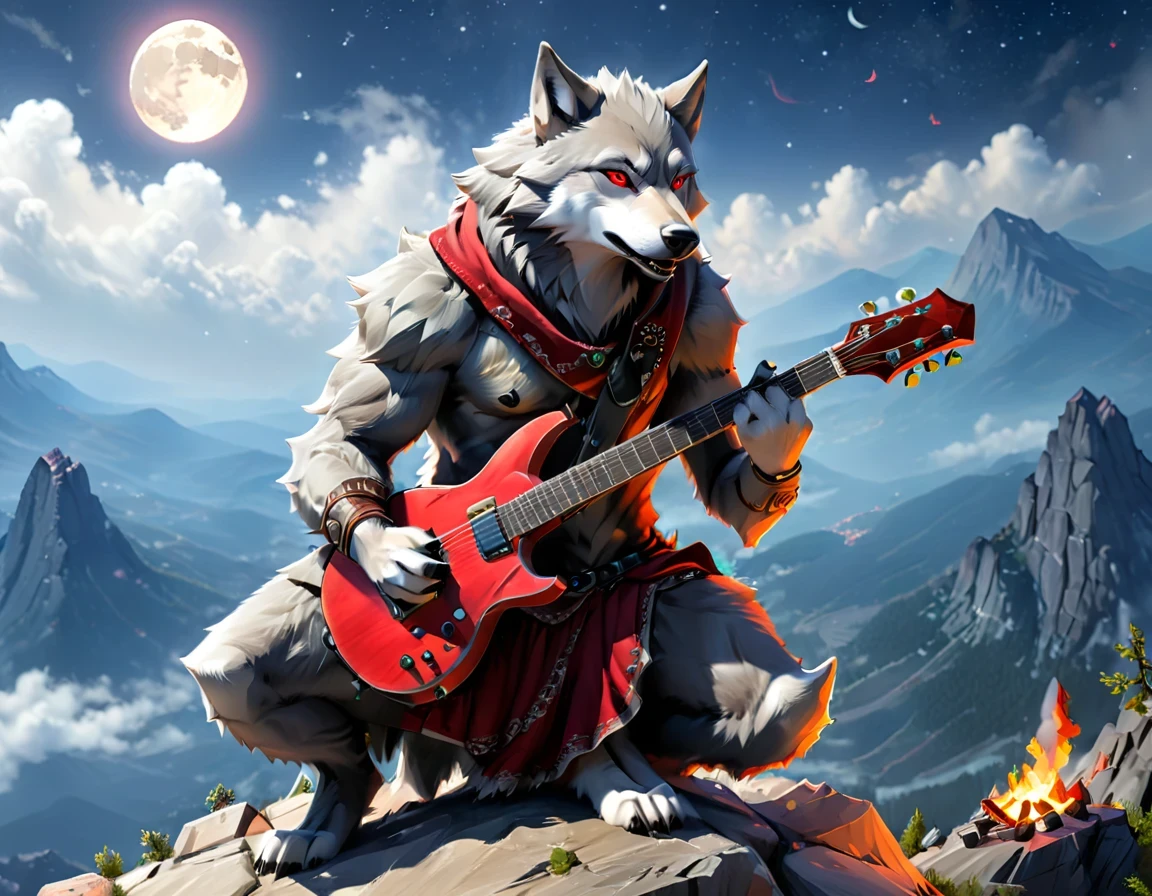 fantasy art, RPG art, a (wolf anthromorphic: 1.5) playing (aether guitar: 1.3), he sits on the top of the mountain at night, strong muscular(wolf anthromorphic: 1.5), dynamic fur color. (red eyes: 1.30, wearing (dynamic clothing: 1.5), playing (aether guitar: 1.3) aetherpunkai, near a camp fire, on top of a fantasy mountain , full moon, stars, clouds, god rays, soft natural light, dynamic angle, photorealism, panoramic view, ultra best realistic, best details, 16k, [ultra detailed], masterpiece, best quality, (extremely detailed), photorealism, Cinematic Hollywood Film style