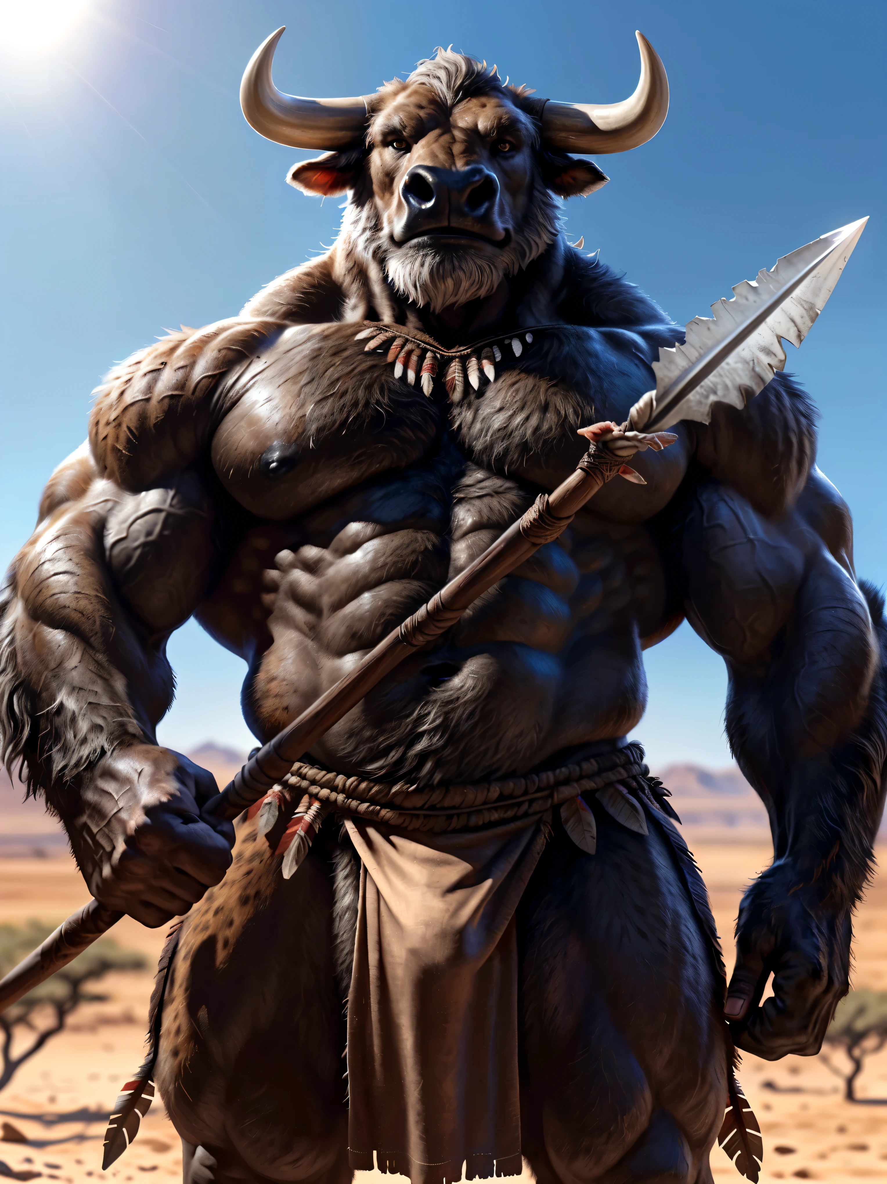 Sharp focus, masterpiece, 8k, intricate artwork, hyper detailed, high detail, best quality, perfect colors, perfect shadows, perfect lighting, posted on e621, furry body, portrait shot, front view, posted on e621, furry body, solo, anthro bull, (massive strongman, beefy bodybuilder, abs, buff, manly, brutal, masculine:1.3), (short full grey beard:1.6), (monotone brown fur, nails on hands:1.3), (curved big bovine horns), middle-aged, mature, male, correct anatomy, (photorealistic fur, detailed fur, epic, masterpiece:1.2), (by Taran Fiddler, by Rukis, Bonifasko lighting), detailed bull eyes, ((African savannah backdrop, sunny)), (ragged loincloth, tribal look, detailed fist grip, holding a spear:1.4), big detailed bulge