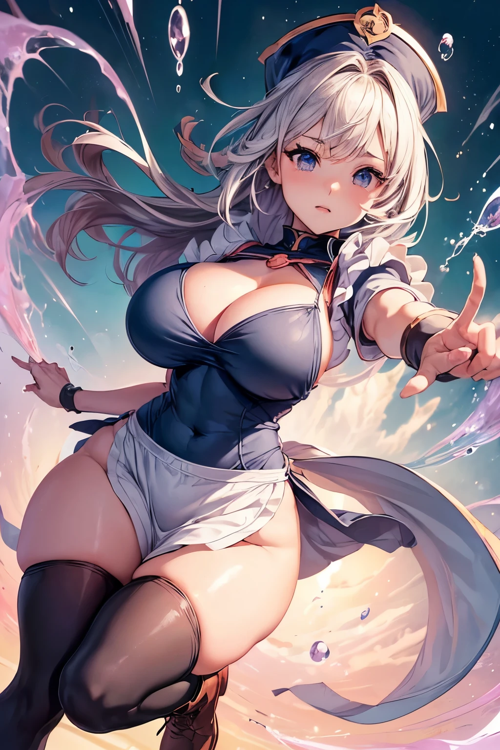 (Anime source), best quality, (woman), (small wizard hat9, (scientist apron:1.1), (open in the half apron), (medium ankle boots:1.1), (black tights:1.1), (fighting pose), open arms, extended arms, front view, (white panties), (round breasts), (bubble butt), (wide hips:1.1), (slim waist:1.1), (thick thighs:1.1), (detailed face and eyes:1.2), (detailed hand and finger:1.2), (medium breasts:1.2), (busty), (deep cleavage:1.2), (labia outline:1.3), (hard teat:1.3).