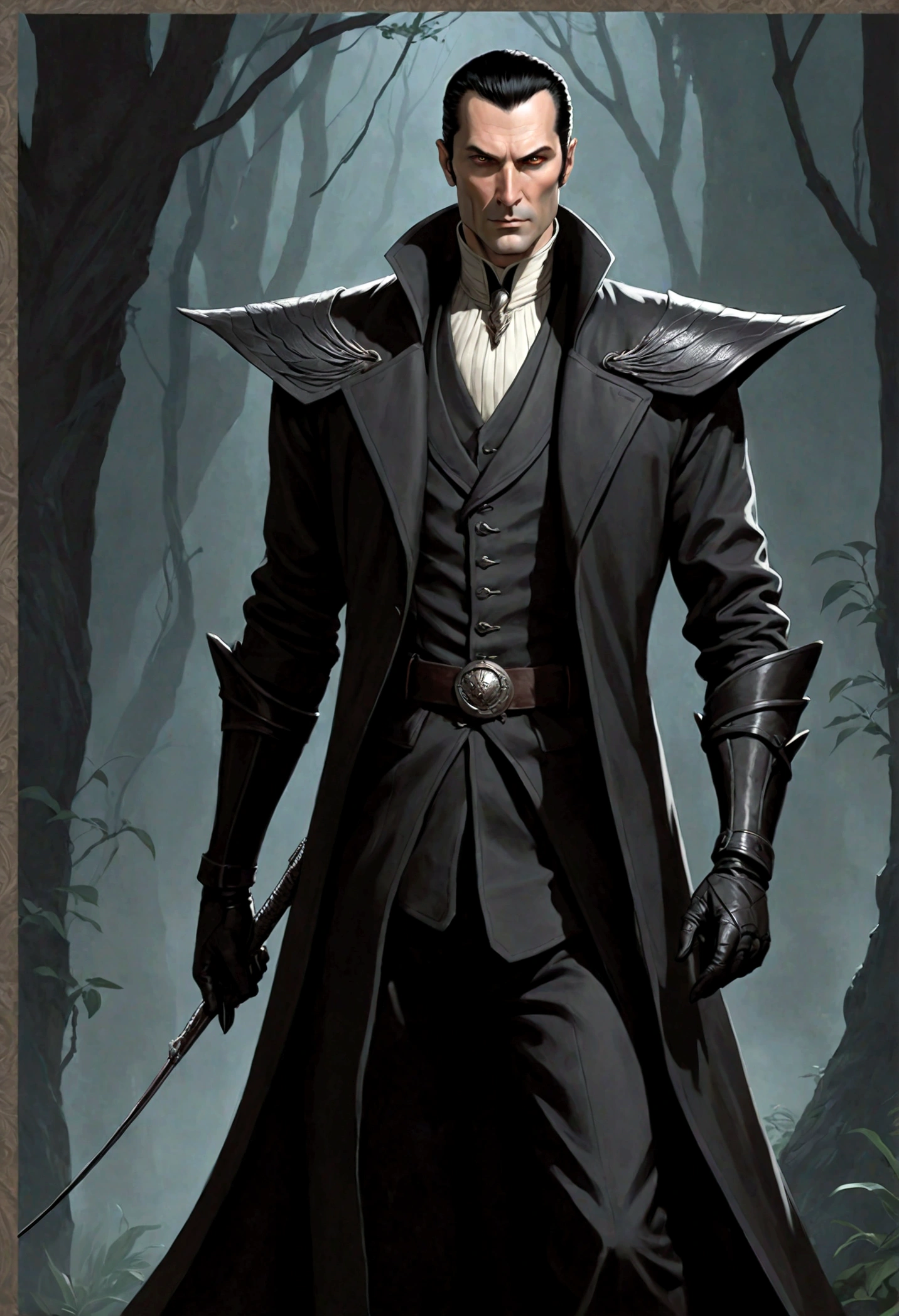 **Appearance:**

Lord Dragan Vesper, in his late forties, is a tall and slender man. His dark, slicked-back hair and sharp-featured face give him the appearance of a predatory bird. His eyes, narrow and vertical like a snake's, have earned him the nickname "Snake Eyes." His gaze is cold, calculating, and ever watchful. He typically wears clothing in shades of black and dark gray. (dnd noble), (masterwork), (detailed character), (late forties), (dnd lord), (characteristic face)