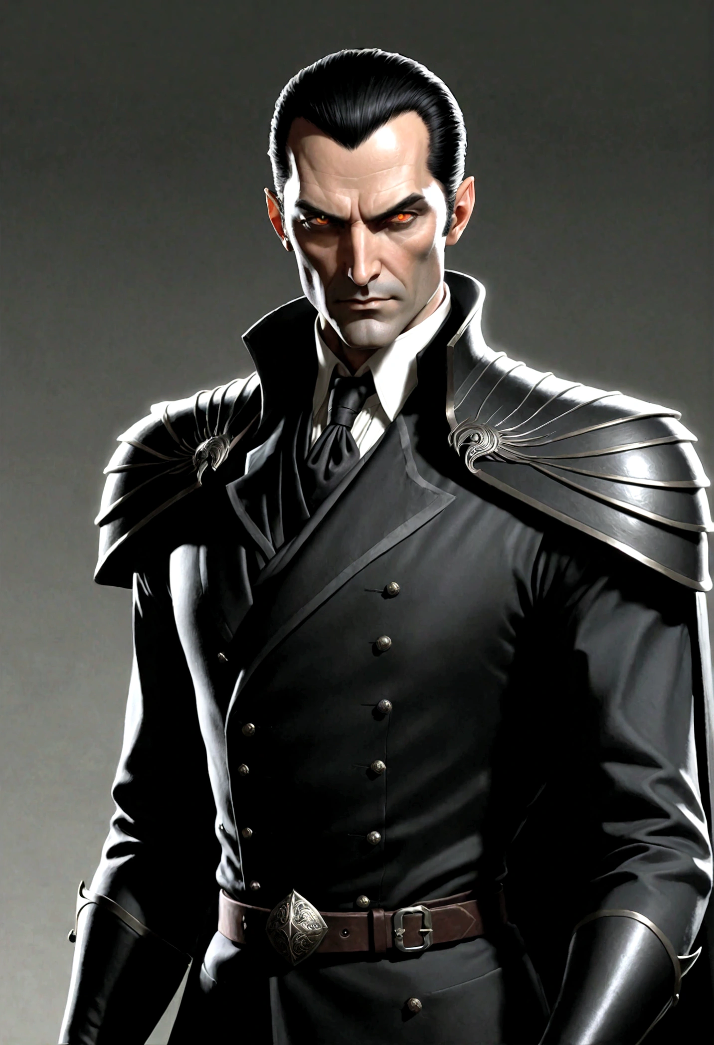 **Appearance:**

Lord Dragan Vesper, in his late forties, is a tall and slender man. His dark, slicked-back hair and sharp-featured face give him the appearance of a predatory bird. His eyes, narrow and vertical like a snake's, have earned him the nickname "Snake Eyes." His gaze is cold, calculating, and ever watchful. He typically wears clothing in shades of black and dark gray. (dnd noble), (masterwork), (detailed character), (late forties), (dnd lord), (characteristic face)