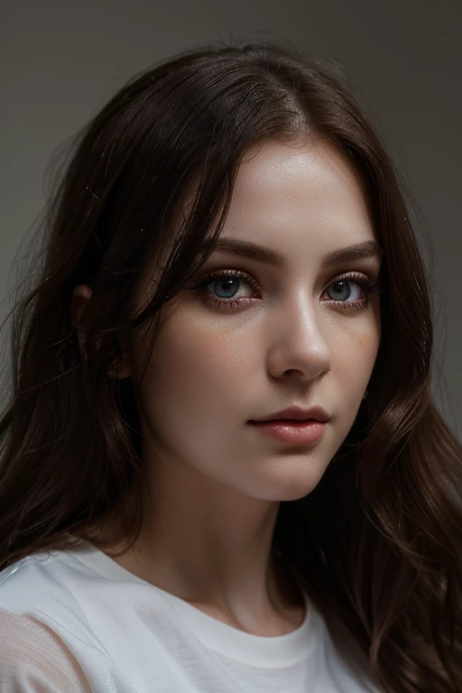 (((ultra realistic))) Photo, masterpiece, top quality, (pale skin), (Ultra detailed face and eyes:1.3), 1 girl, Adult, in a T-shirt, (Eye makeup, mascara) , ((large detailed lips)), ((Dark wavy hair)), ((Chyolka)) , (Natural breasts), Slim waist. ((Posing)), photoshoot, studio (soft lighting), (The play of light and shadows), depth of field, bokeh, (special attention to skin detail: 1.2), ((close-up portrait, close to the camera top view)) , ultra detialed,