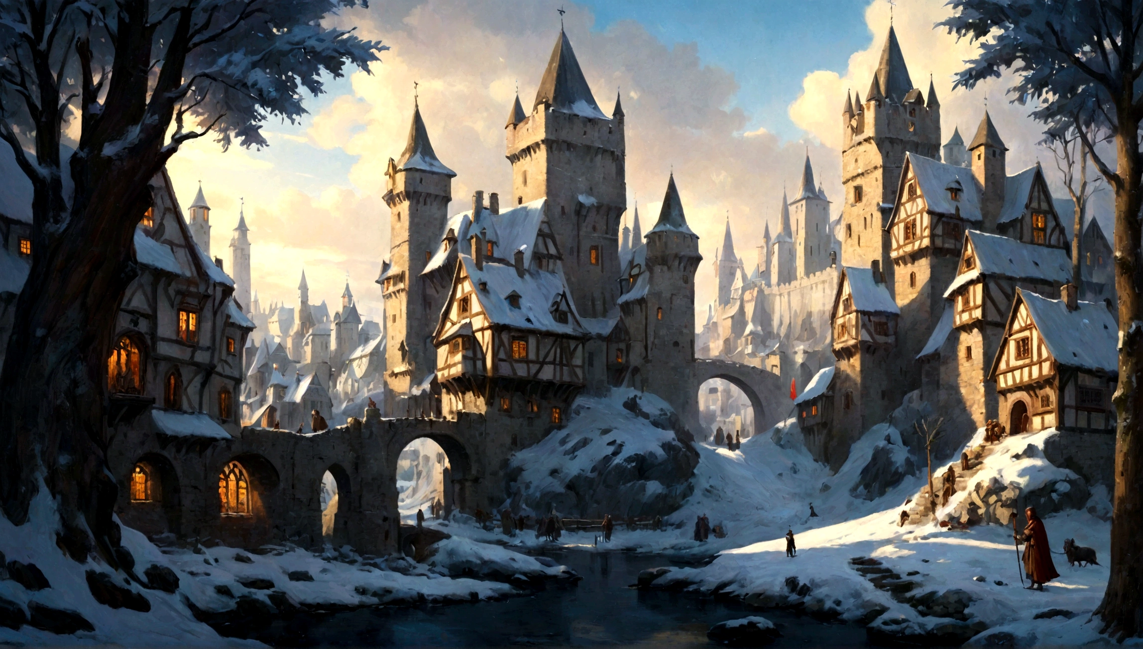 forest, winter, winter forest city in forest, city, medieval city, ((medieval city))