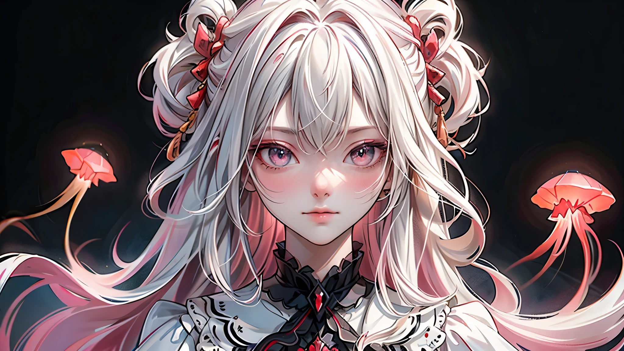 idoly，tmasterpiece，top-quality，Beautiful face，Absurdity，（Close-up of the head，White frilled mini skirt，White collar，White frilled cuffs，particle effect：1.5），（ssmile：1.5），（white color hair，A few strands of red hair，Red-pink eyes：1.7），dual horsetail，Jellyfish head，Sharp focus，Realistic and detailed，A high resolution，best detail，hyper-high detail，Facial and eye details，Sharp pupils，Realistic pupils，Sharp focus，Smooth skin，（blooms，Halo：1.4），（dark studio，deep dark background：1.5），Edge lighting，Dynamic, dramatic lighting，HDR，8k