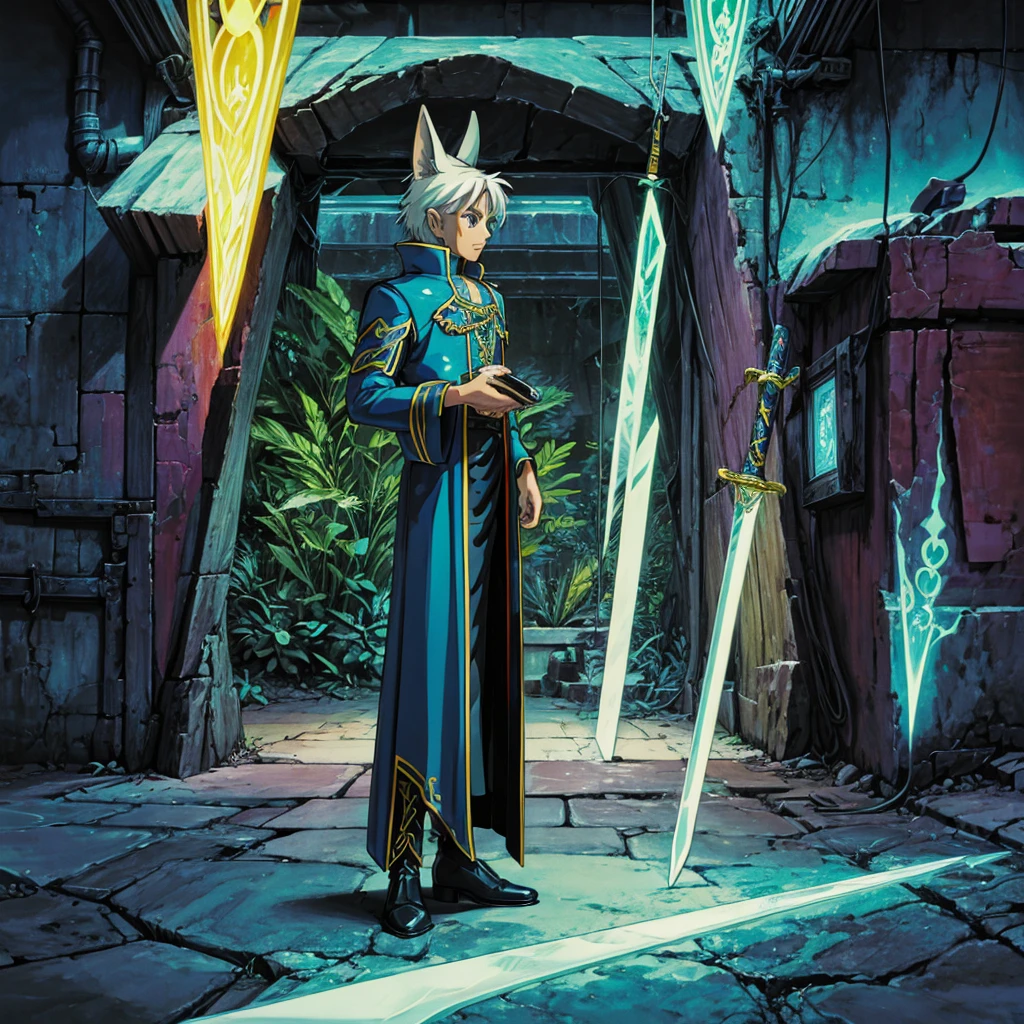Niji mode, human male sorcerer secret agent, human face with green wolf ears, full body, wearing an elegant suit made of fine fabric and with magic circuits, holding in both hands a sword with a long handle with carved magic details glowing, glowing eyes, RPG costume , tanned skin, neon punk, art book, Studio ghibli, wide setting, in the middle of a retro cyber punk magical metropolis, magical light reflected in the hair and ear, aura of light, stylish dynamic pose, side view, old anime